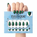 Short almond-shaped pressed on nails by Nailique in emerald dark green gel design, 26 reusable tips with glue and remover.