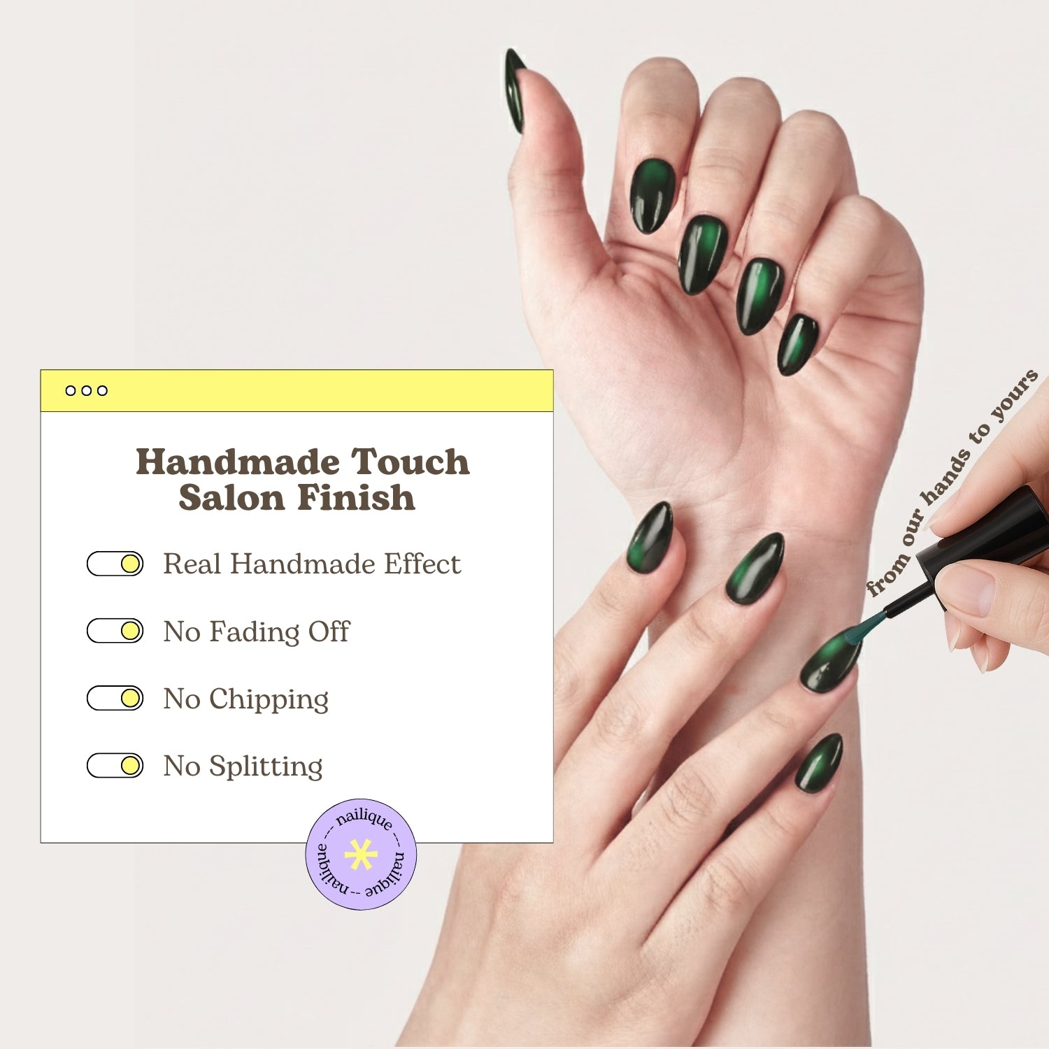 Short almond-shaped handmade press-on nails by Nailique in emerald eclipse dark green gel design, 26 reusable tips with glue and remover.