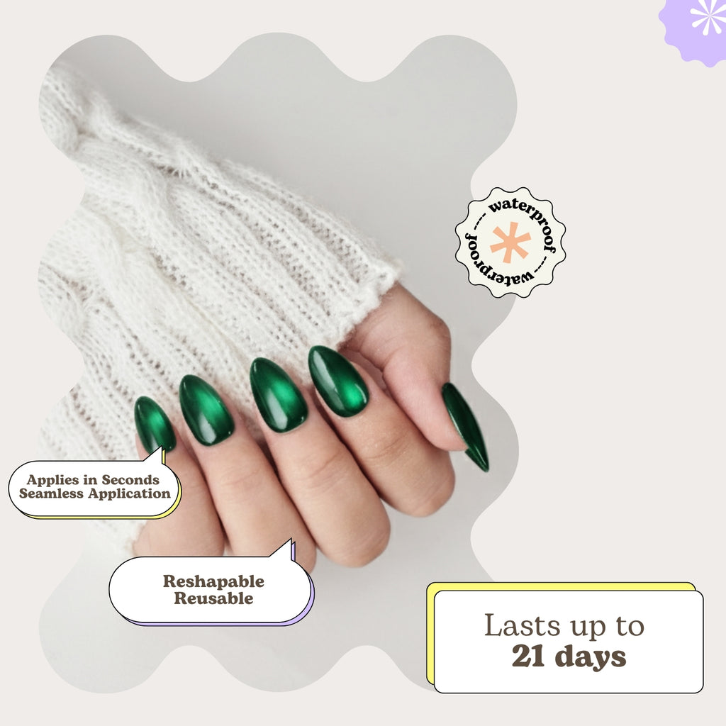 Short almond-shaped green press-on nails by Nailique with soft gel finish, reusable tips, glue, and remover for salon-quality manicures.