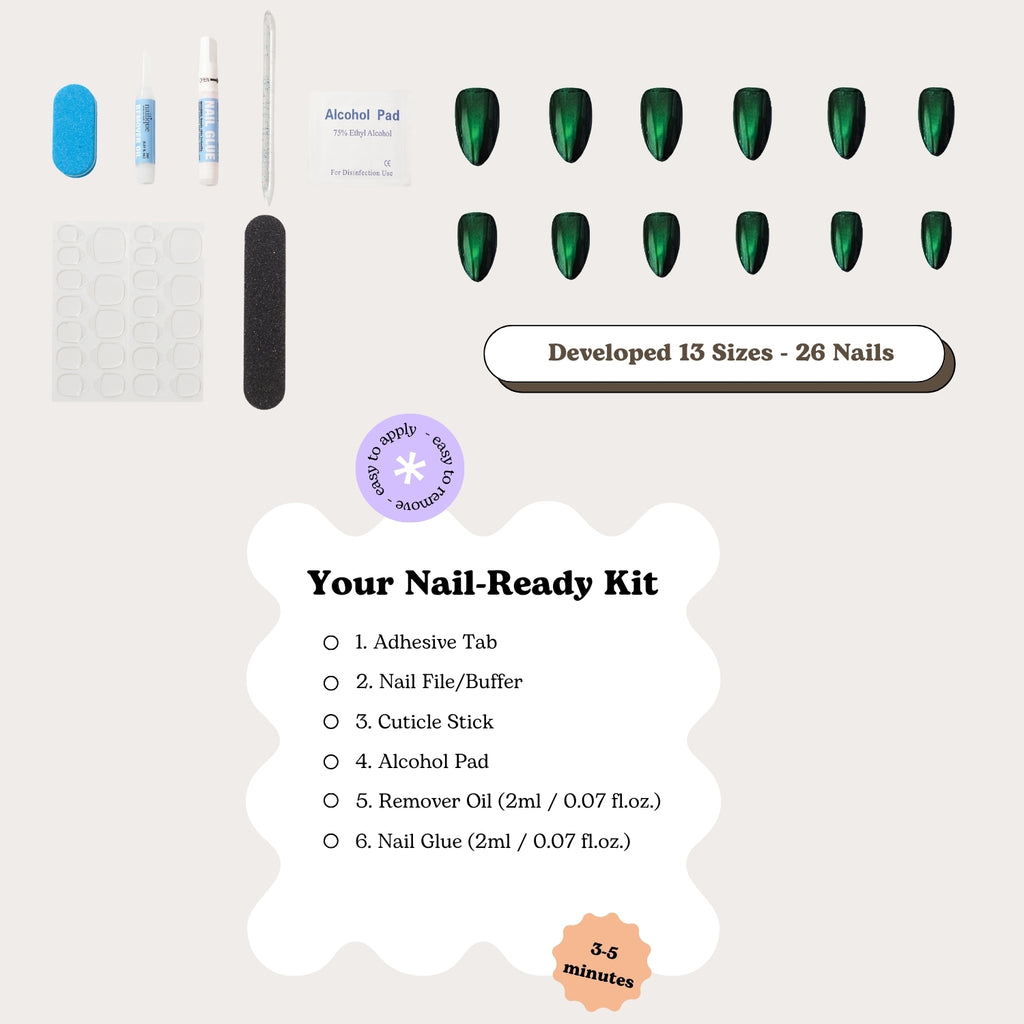 Handmade short almond press-on nails by Nailique in emerald dark green soft gel design, 26 reusable tips with glue and remover.