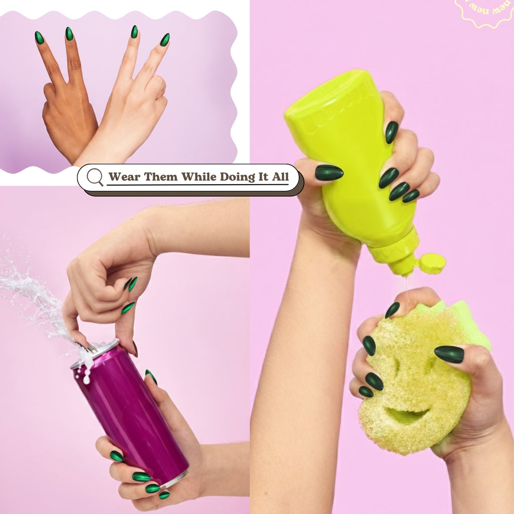 Handmade short almond press-on nails by Nailique in dark green Emerald Eclipse with soft gel finish, 26 reusable tips with glue and remover