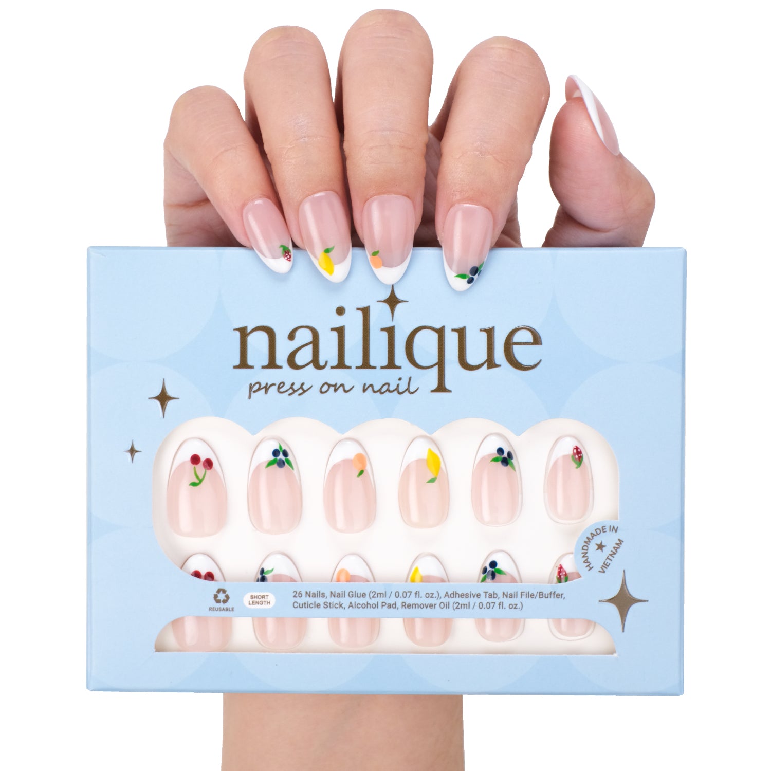 Press On Nails Short Almond – Hand-Painted Handmade French Tip Soft Gel Fruit Design, 26pcs Reusable Nail Tips with Lamp-Curable Glue