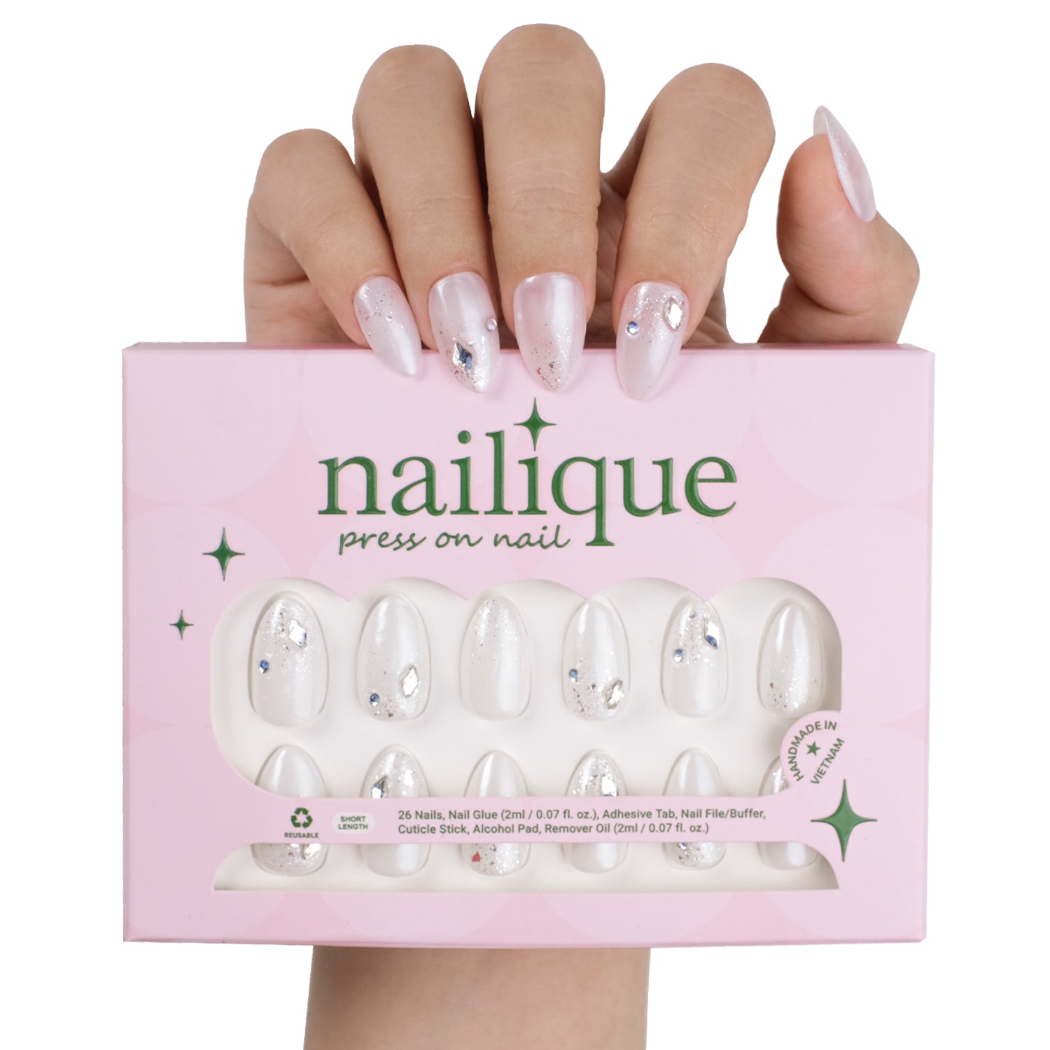 Press On Nails Short Almond, Handmade Soft Gel Milky Pearl Chrome Bridal Fake Nails with Rhinestones & Glitter