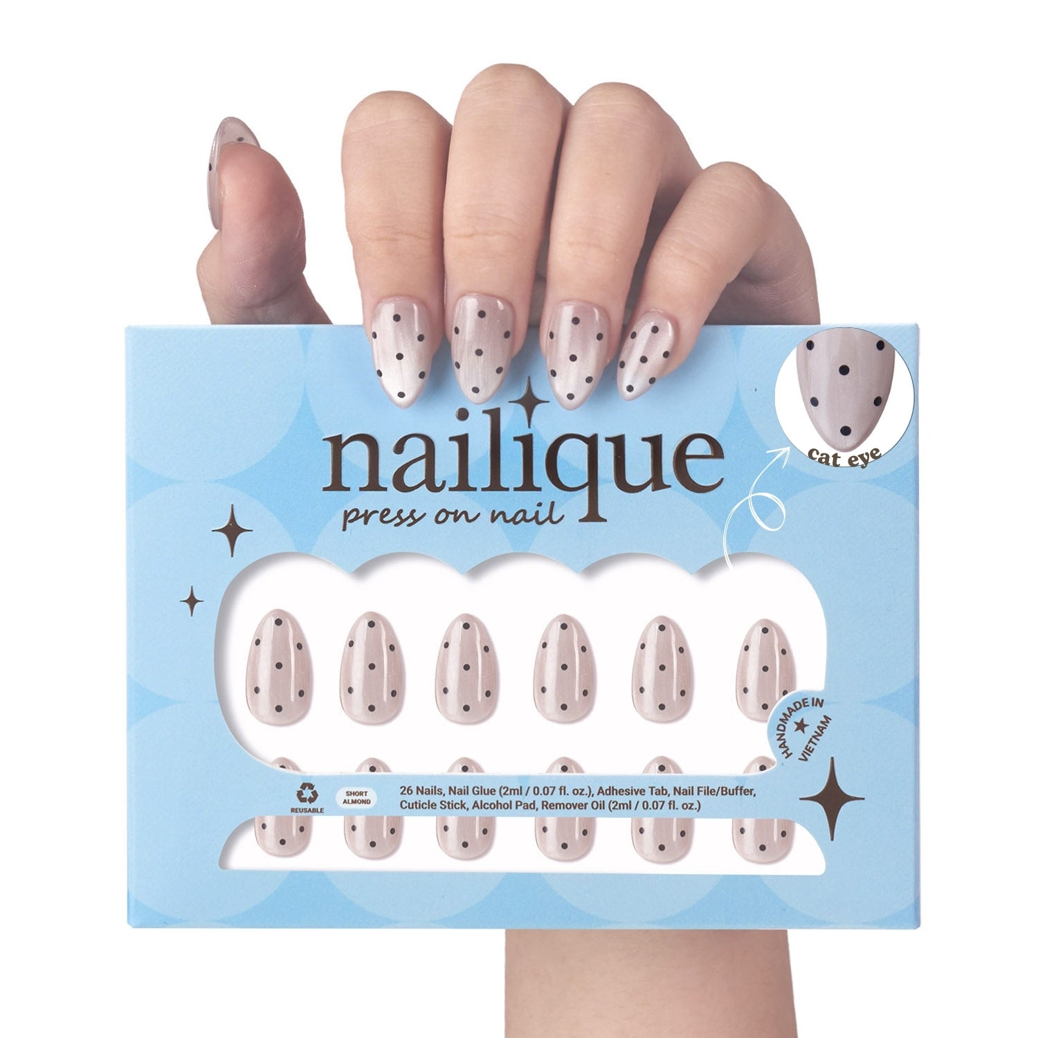 Nailique Press On Nails Short Almond – Handmade Smoky Cat Eye Soft Gel Black Polka Dot Sparkly, 26pcs Reusable Nail Tips with Glue & Remover, Salon Quality Bridal Wedding Manicure