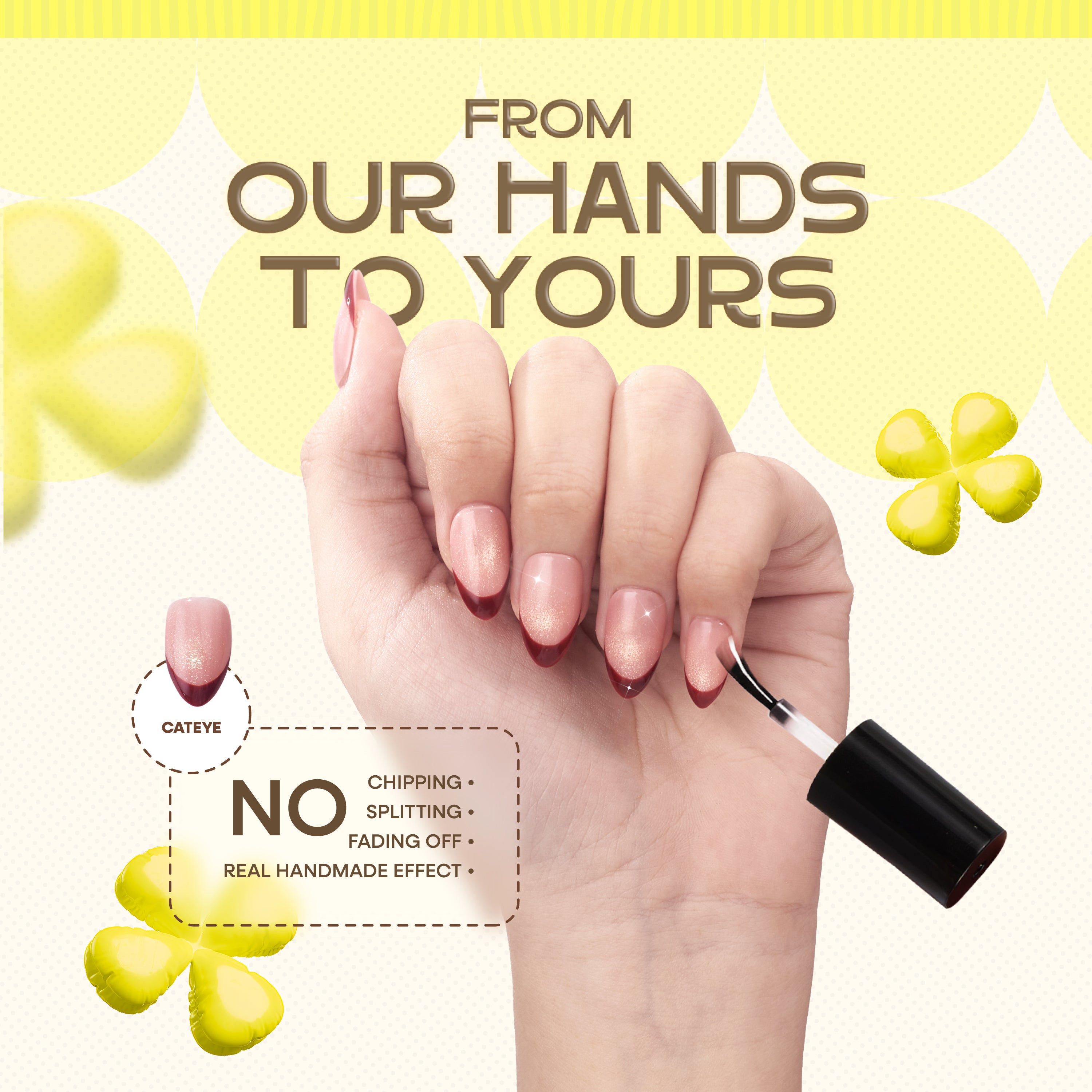 Nailique short almond press-on nails with red French tips, cat eye soft gel finish, yellow shimmer, handcrafted for a stylish look.