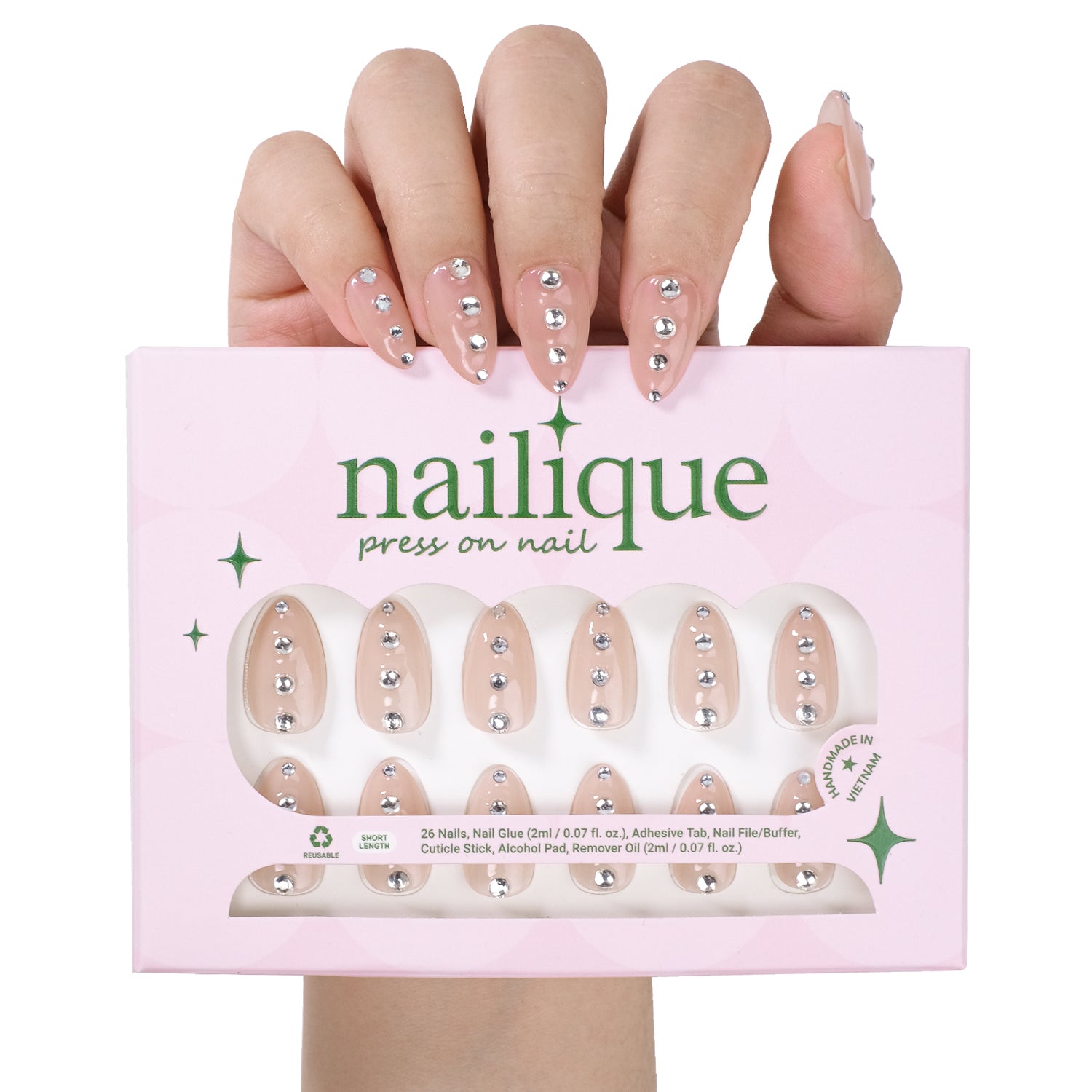 Nailique short almond press-on nails in nude with silver crystal rhinestones, minimal sparkle, handmade soft gel manicure, reusable 26pcs