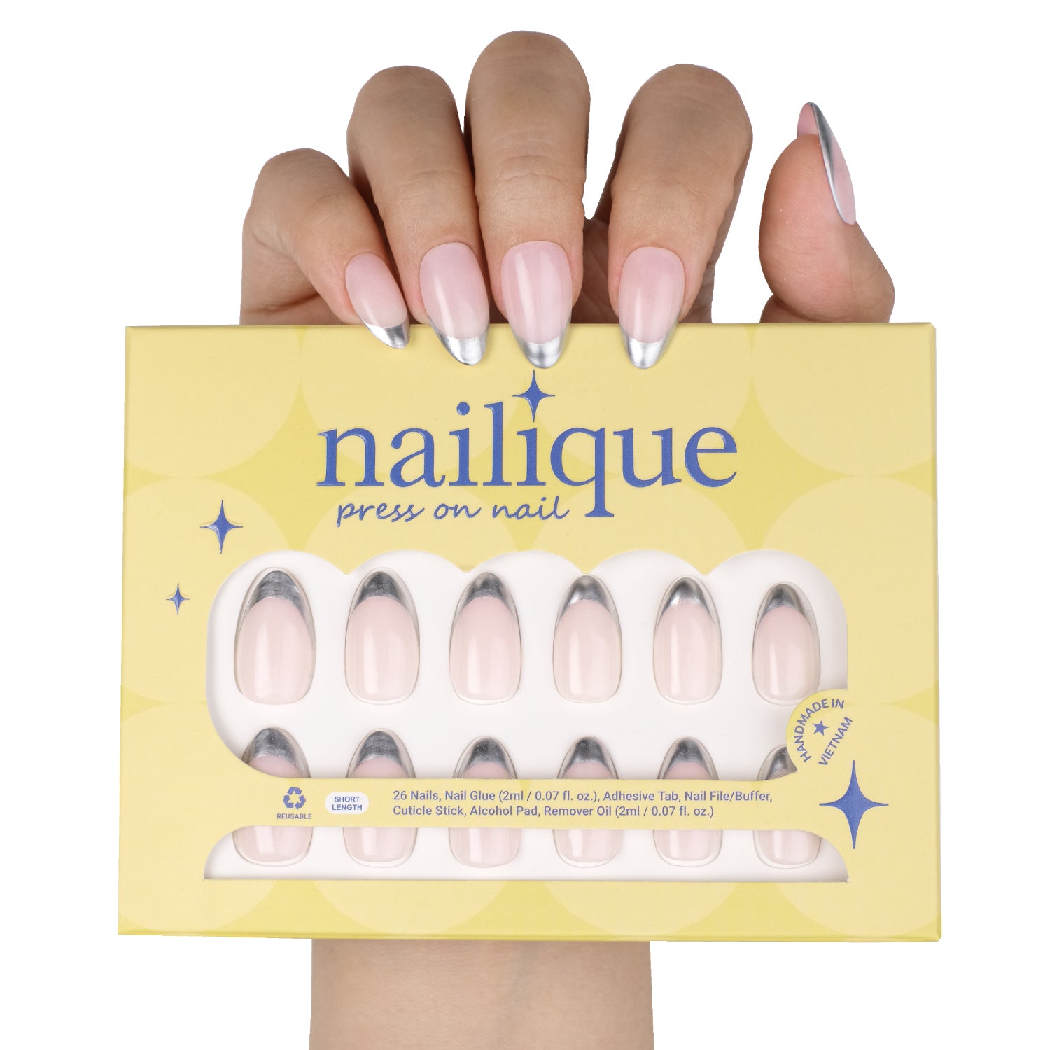 Nailique short almond press-on nails with nude chrome finish, silver metallic edge, and minimalist soft gel design, 26 reusable pieces.
