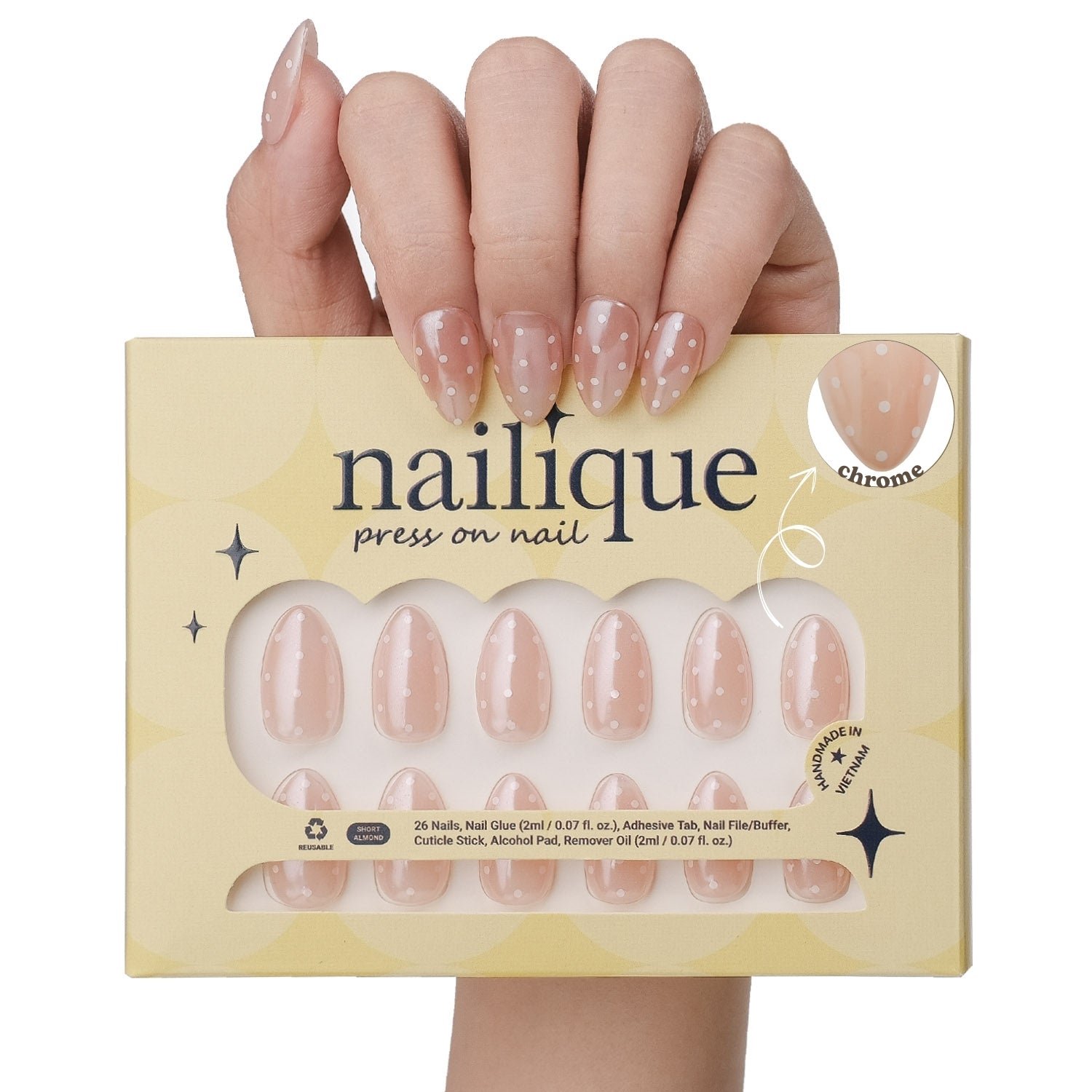 NAILIQUE Press On Nails Short Almond, Handmade Soft Gel Chrome Glazed Donut Nude White Polka Dot Fake Nails, 26pcs Reusable Nail Tips with Glue & Remover, Salon Quality Wedding & Everyday Manicure