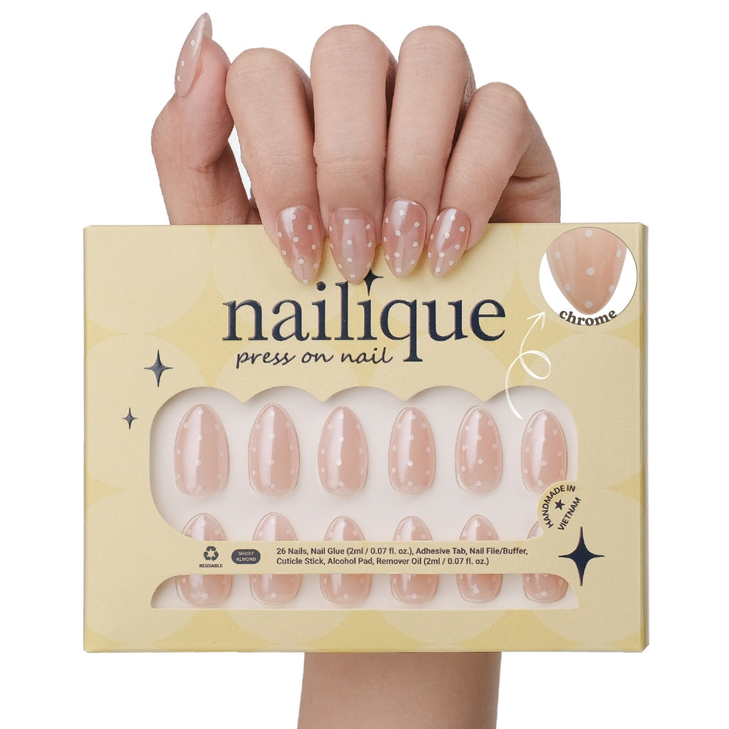 NAILIQUE Press On Nails Short Almond, Handmade Soft Gel Chrome Glazed Donut Nude White Polka Dot Fake Nails, 26pcs Reusable Nail Tips with Glue & Remover, Salon Quality Wedding & Everyday Manicure