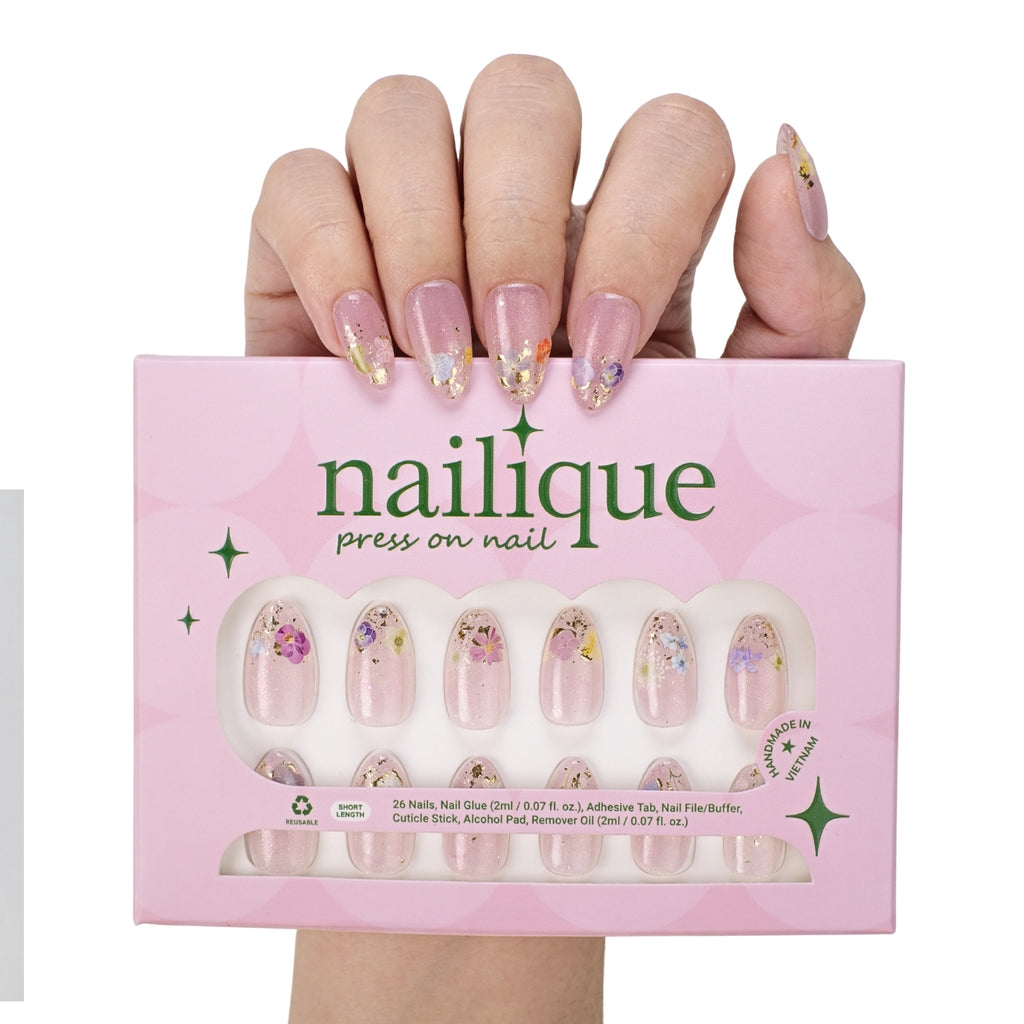 Press On Nails Short Almond – Handmade Lavender Floral Soft Gel with Gold Foil, 26pcs Reusable Nail Tips with Lamp-Curable Glue