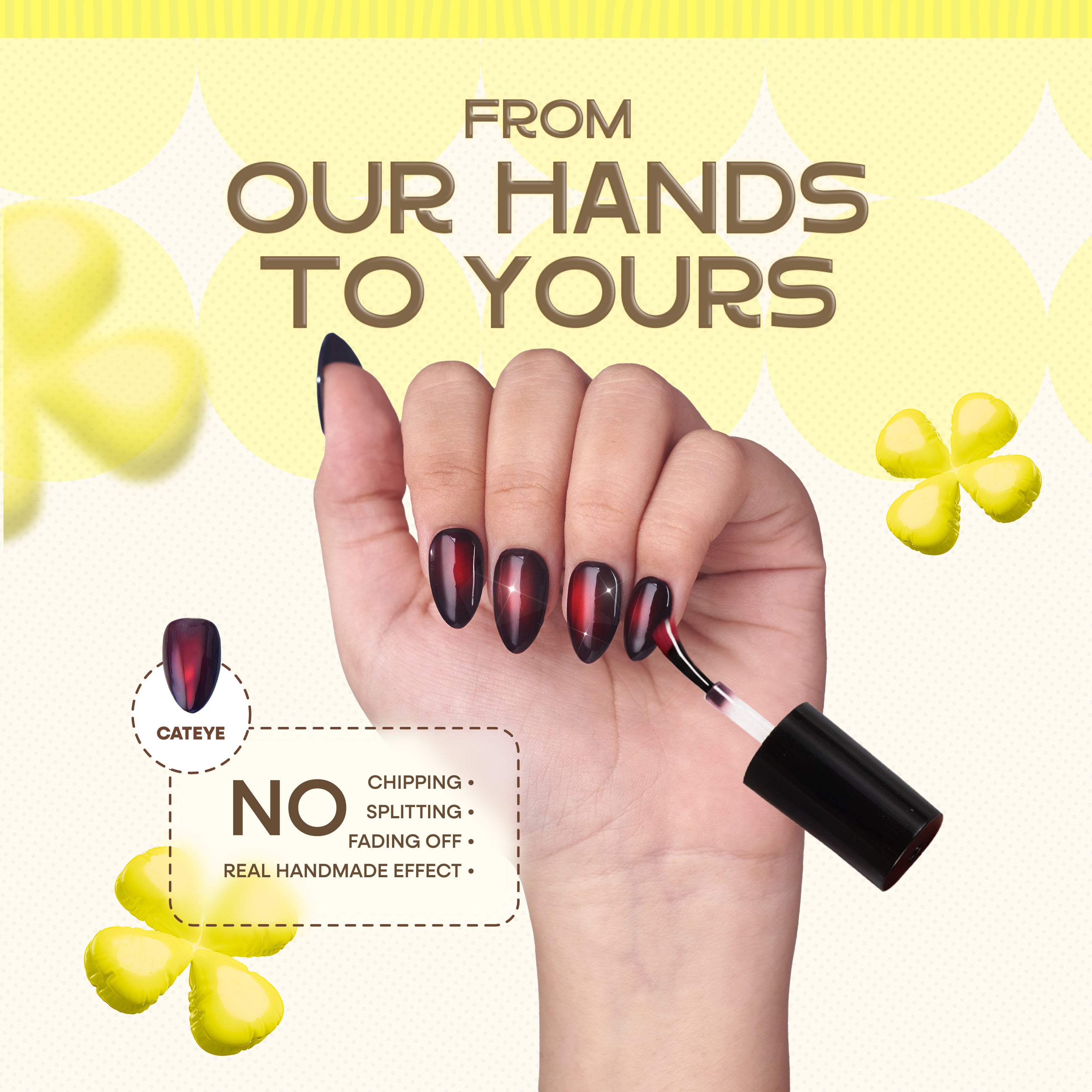 Nailique Press On Nails Short Almond – Handmade Cat Eye Soft Gel Dark Black Red, 26pcs Reusable Nail Tips with Lamp-Curable Glue, Glossy Glam Valentine Wedding Party Manicure