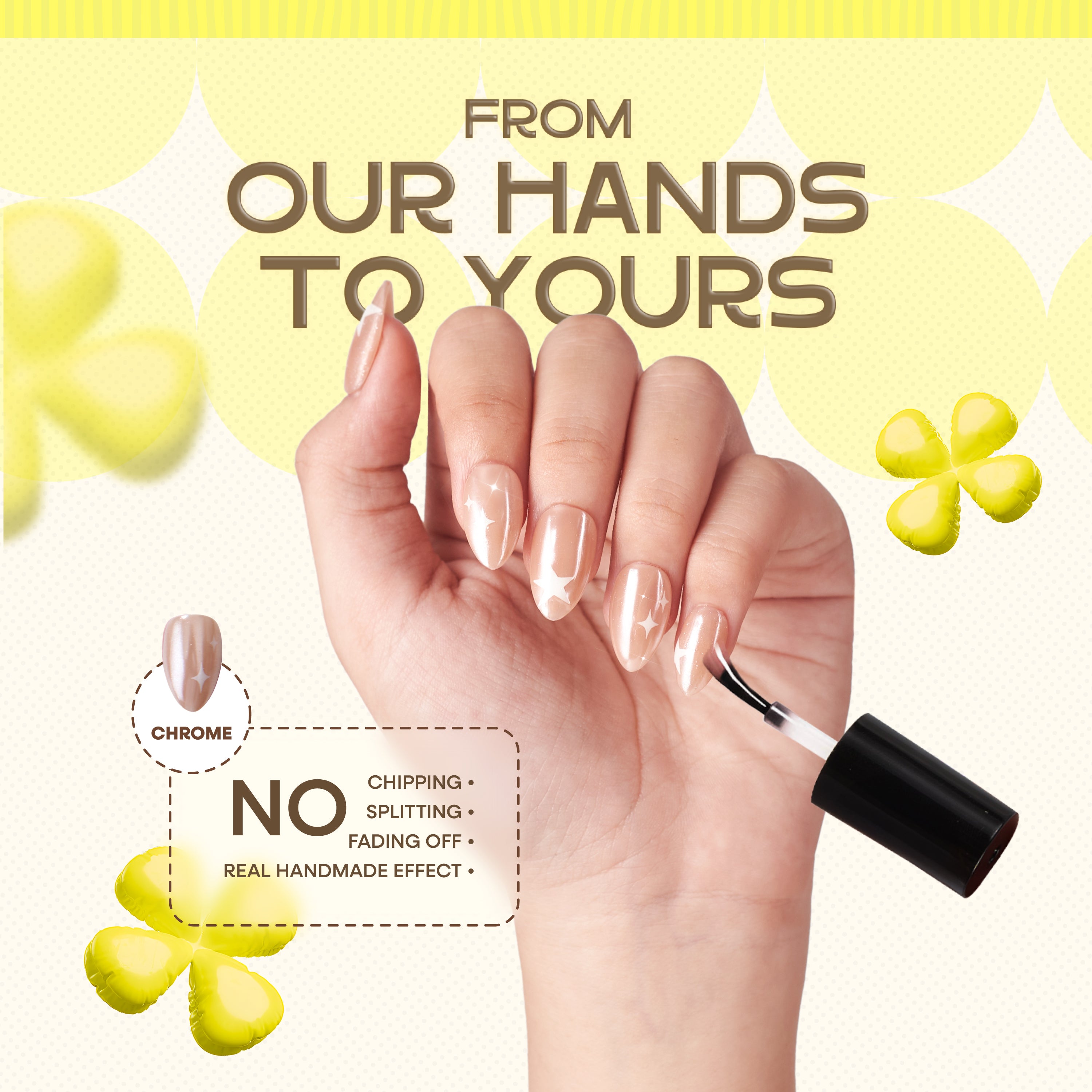 Handmade short almond-shaped press on nails by Nailique with chrome glaze, donut design, star accents, in neutral nude with soft gel finish