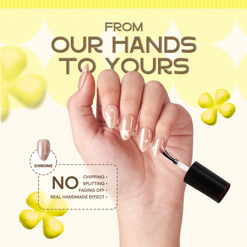 Handmade short almond-shaped press on nails by Nailique with chrome glaze, donut design, star accents, in neutral nude with soft gel finish