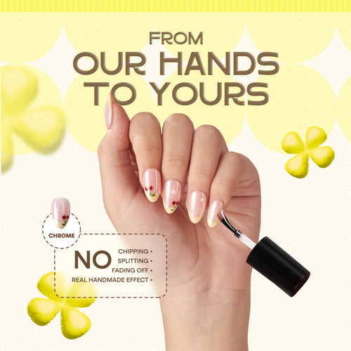 Short almond press on nails by Nailique with butter yellow and cherry glazed chrome French tips, soft gel finish visible in the image.