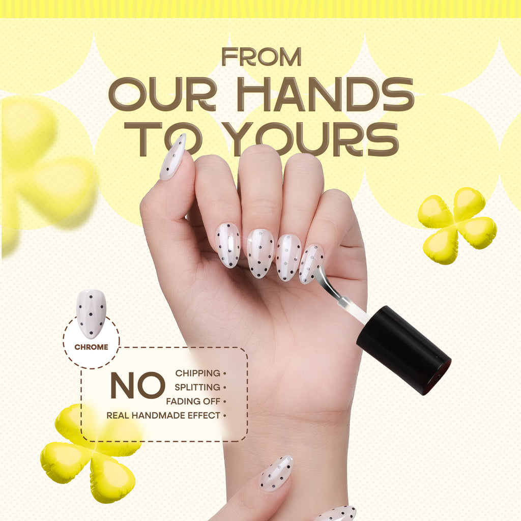 Handmade short almond press-on nails by Nailique with chrome glaze, donut design, soft gel finish, white and black polka dots.