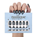 Short almond press-on nails by Nailique, handmade cat eye soft gel in midnight blue with black shimmer, 26 reusable tips with glue and remover