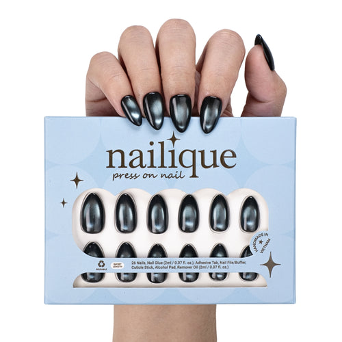 Short almond press-on nails by Nailique, handmade cat eye soft gel in midnight blue with black shimmer, 26 reusable tips with glue and remover
