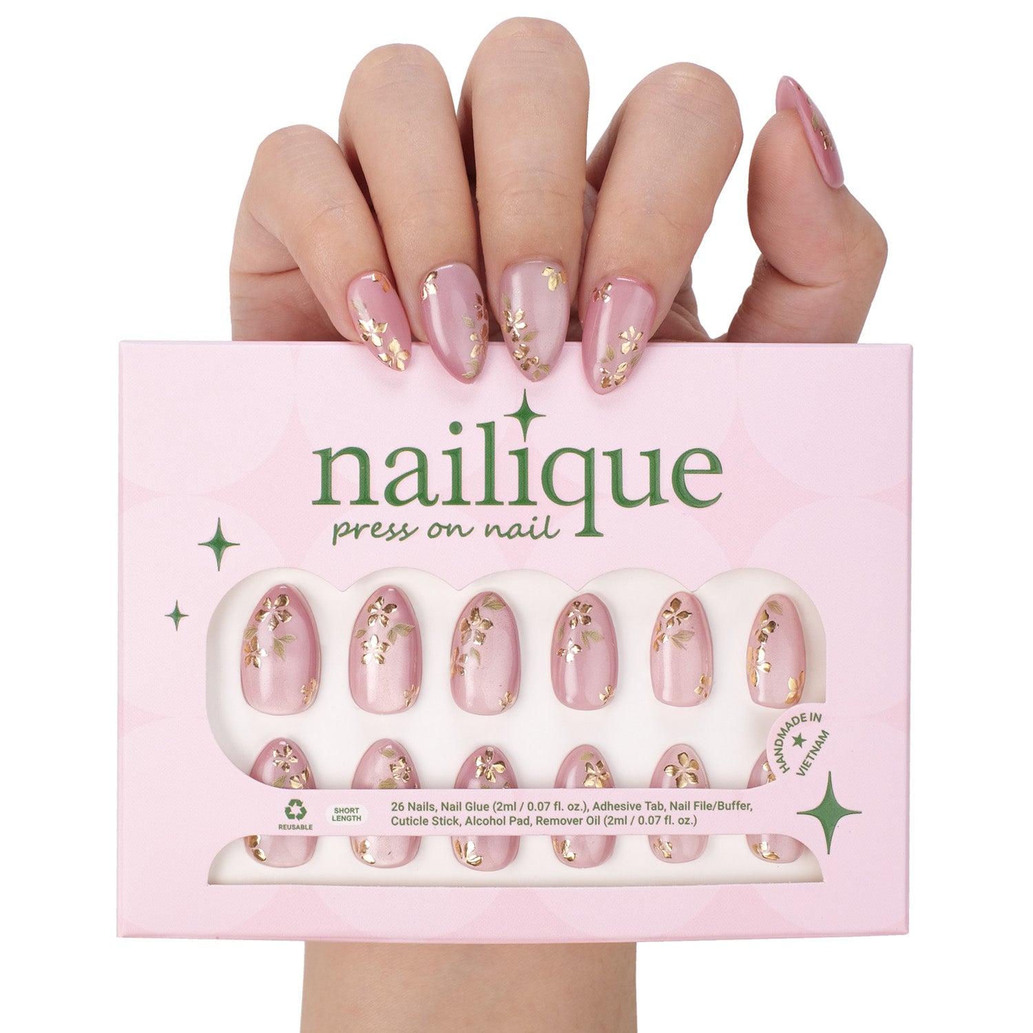 Handmade pink cat eye soft gel press on nails with gold foil floral design, short almond shape, 26 reusable tips with glue and remover.