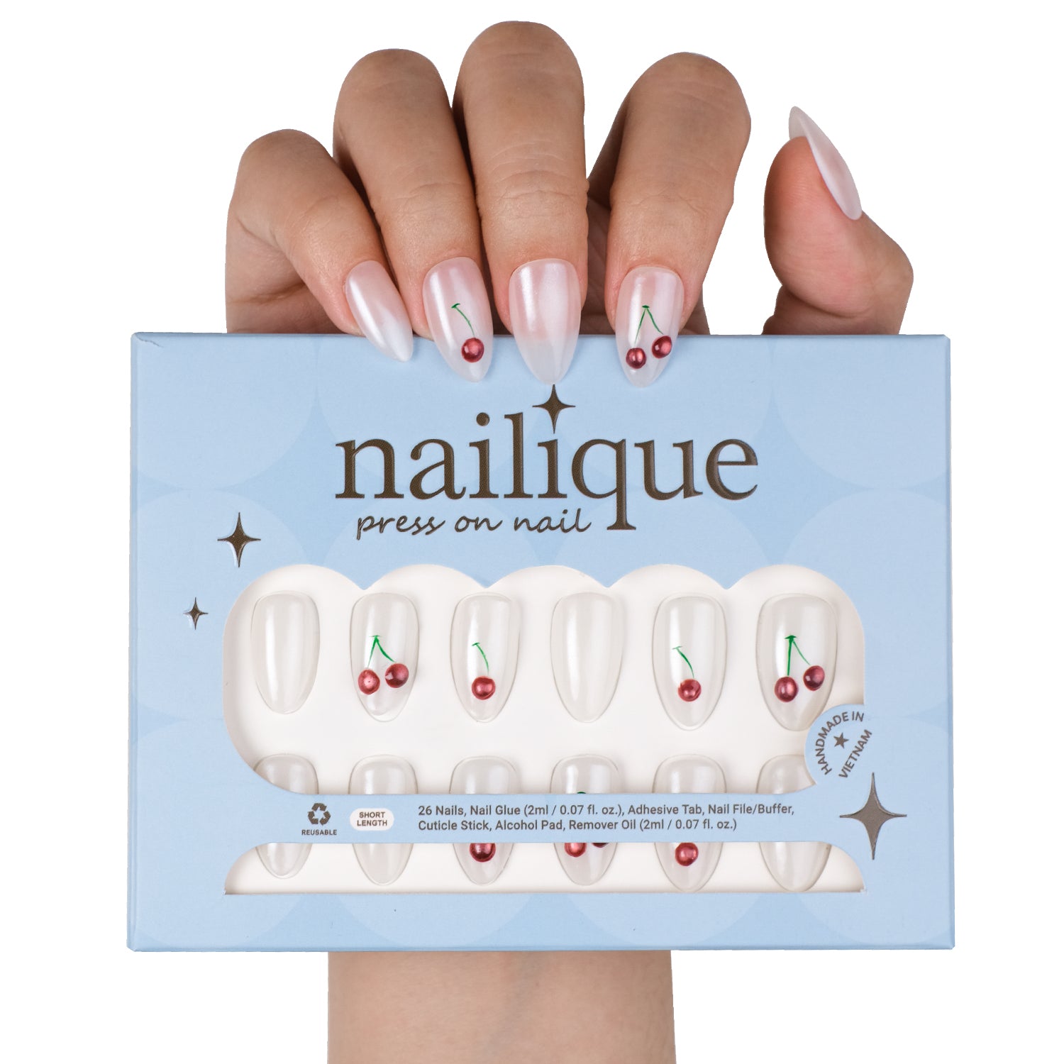 Nailique short almond press on nails with hand-painted 3D cherry design, soft gel milky pearl finish, 26 reusable tips with glue and remover
