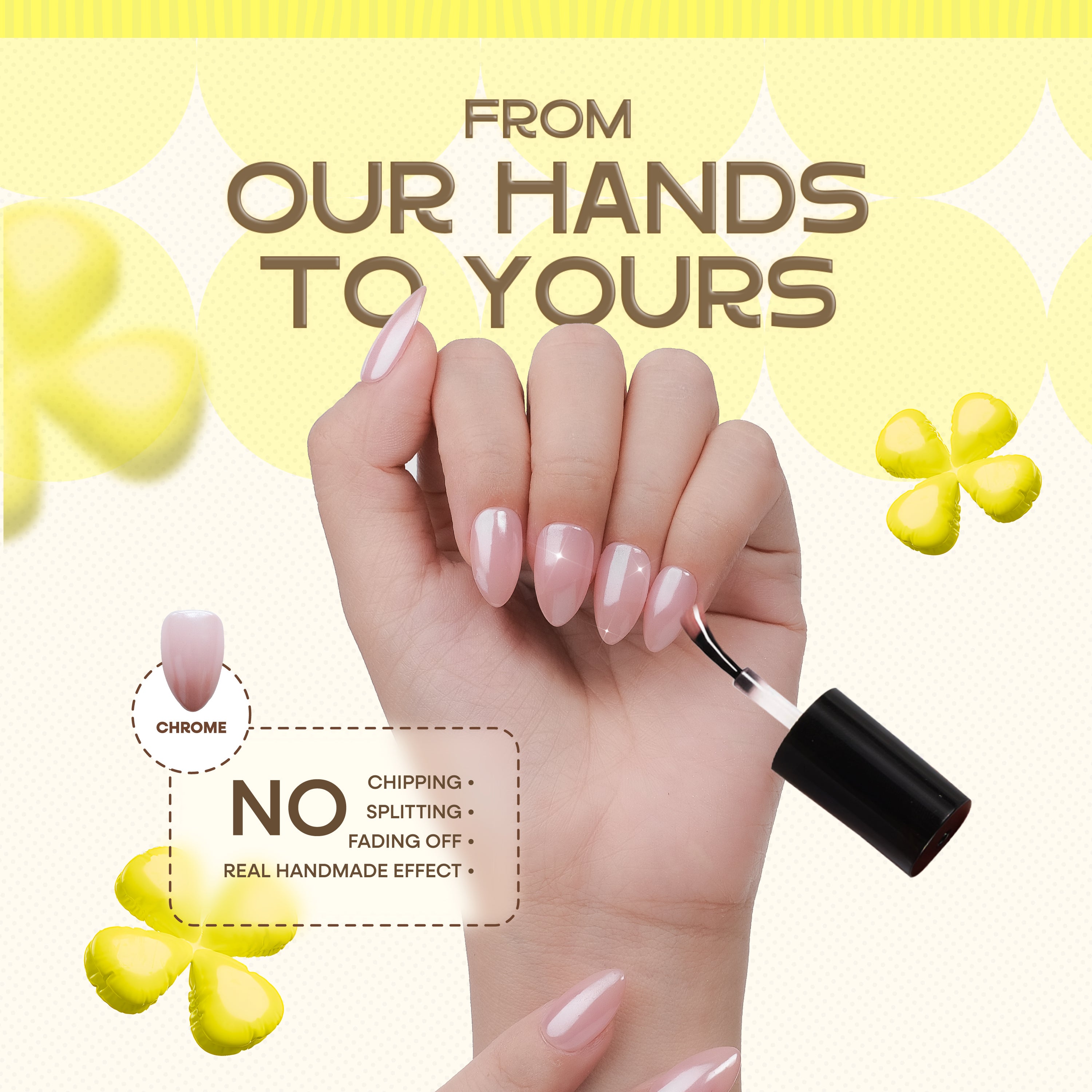 Handmade short almond press on nails by Nailique with chrome glaze, donut design, soft gel, ombre nude pink finish