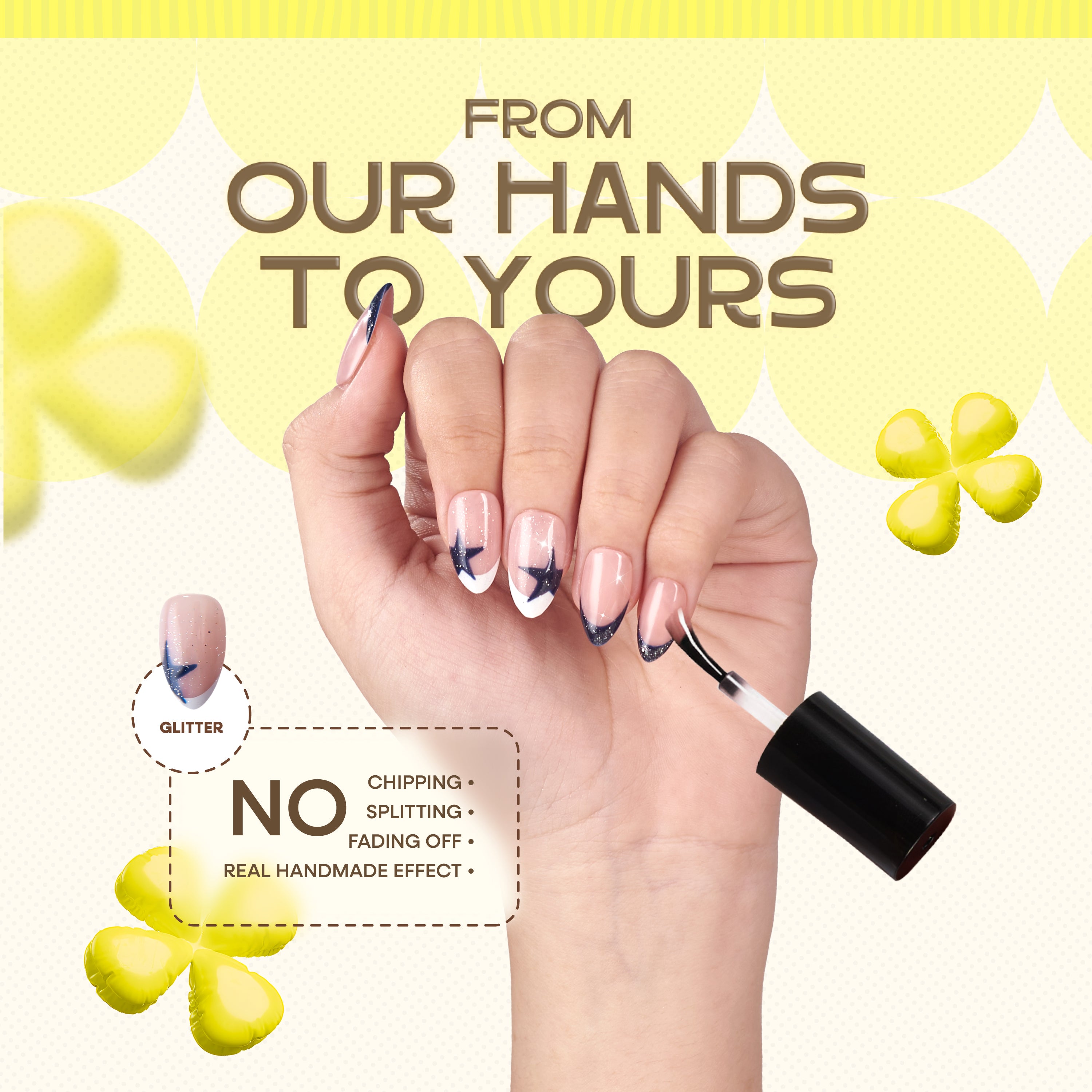 Handmade navy blue short almond press on nails with French tip, star glitter shimmer, soft gel finish by Nailique