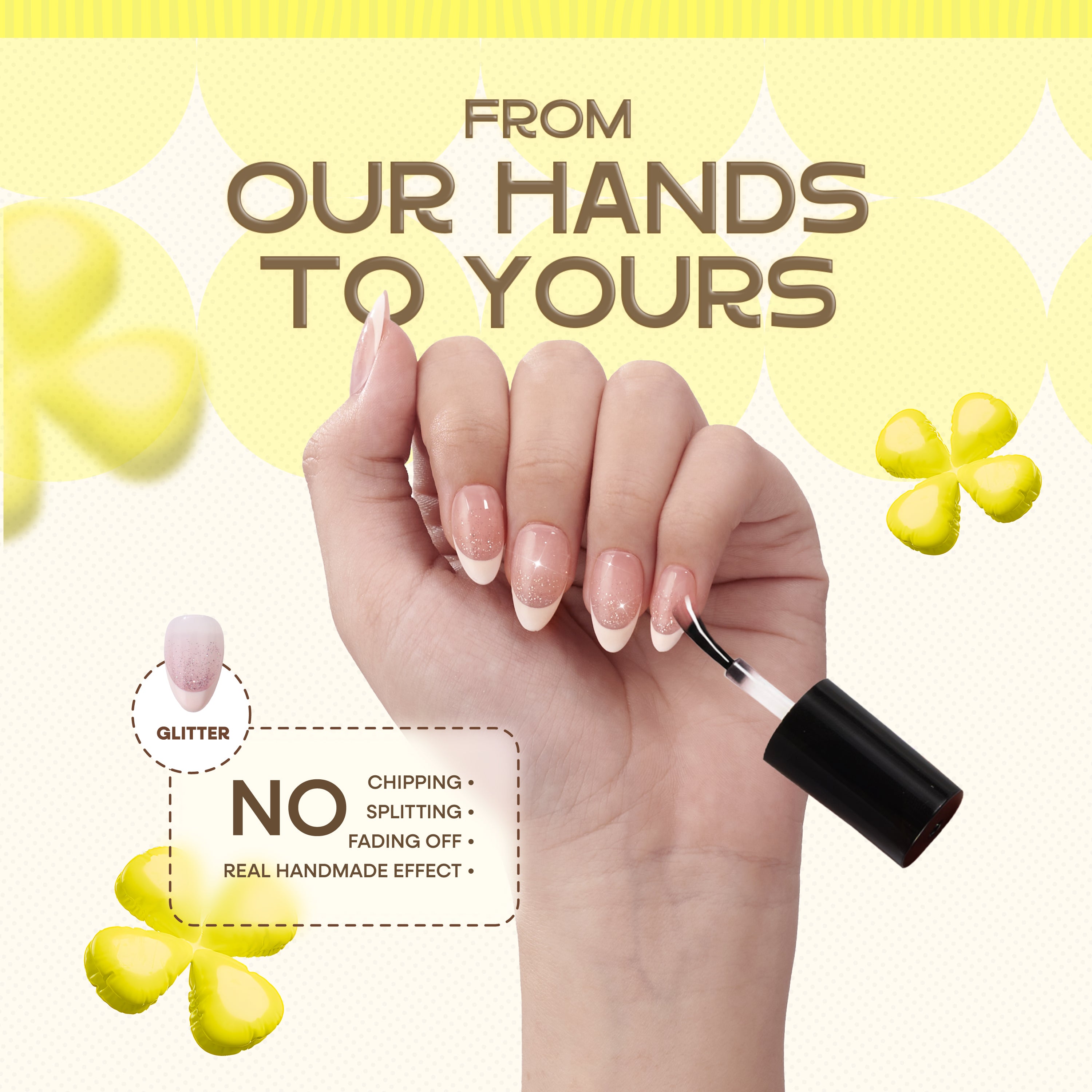 Handmade short almond press-on nails by Nailique with soft pink gel, French tip, ombre, and glitter shimmer design.