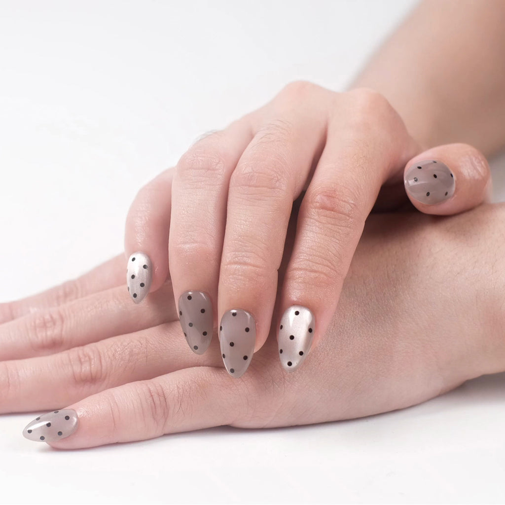 Nailique Press On Nails Short Almond – Handmade Smoky Cat Eye Soft Gel Black Polka Dot Sparkly, 26pcs Reusable Nail Tips with Glue & Remover, Salon Quality Bridal Wedding Manicure