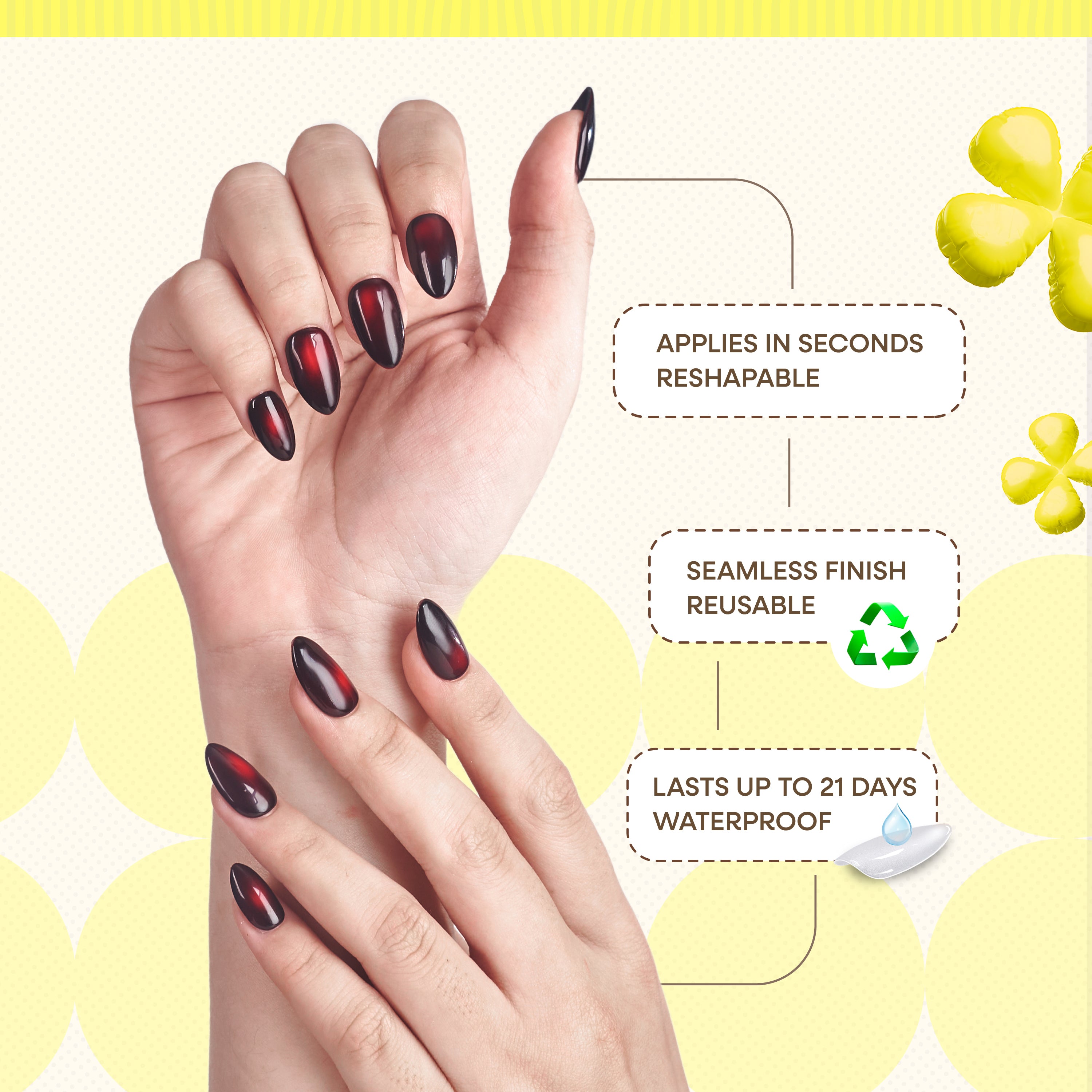 Nailique Press On Nails Short Almond – Handmade Cat Eye Soft Gel Dark Black Red, 26pcs Reusable Nail Tips with Lamp-Curable Glue, Glossy Glam Valentine Wedding Party Manicure