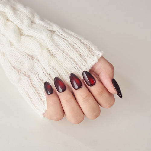 Nailique Press On Nails Short Almond – Handmade Cat Eye Soft Gel Dark Black Red, 26pcs Reusable Nail Tips with Lamp-Curable Glue, Glossy Glam Valentine Wedding Party Manicure