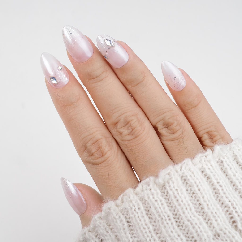 Press On Nails Short Almond, Handmade Soft Gel Milky Pearl Chrome Bridal Fake Nails with Rhinestones & Glitter