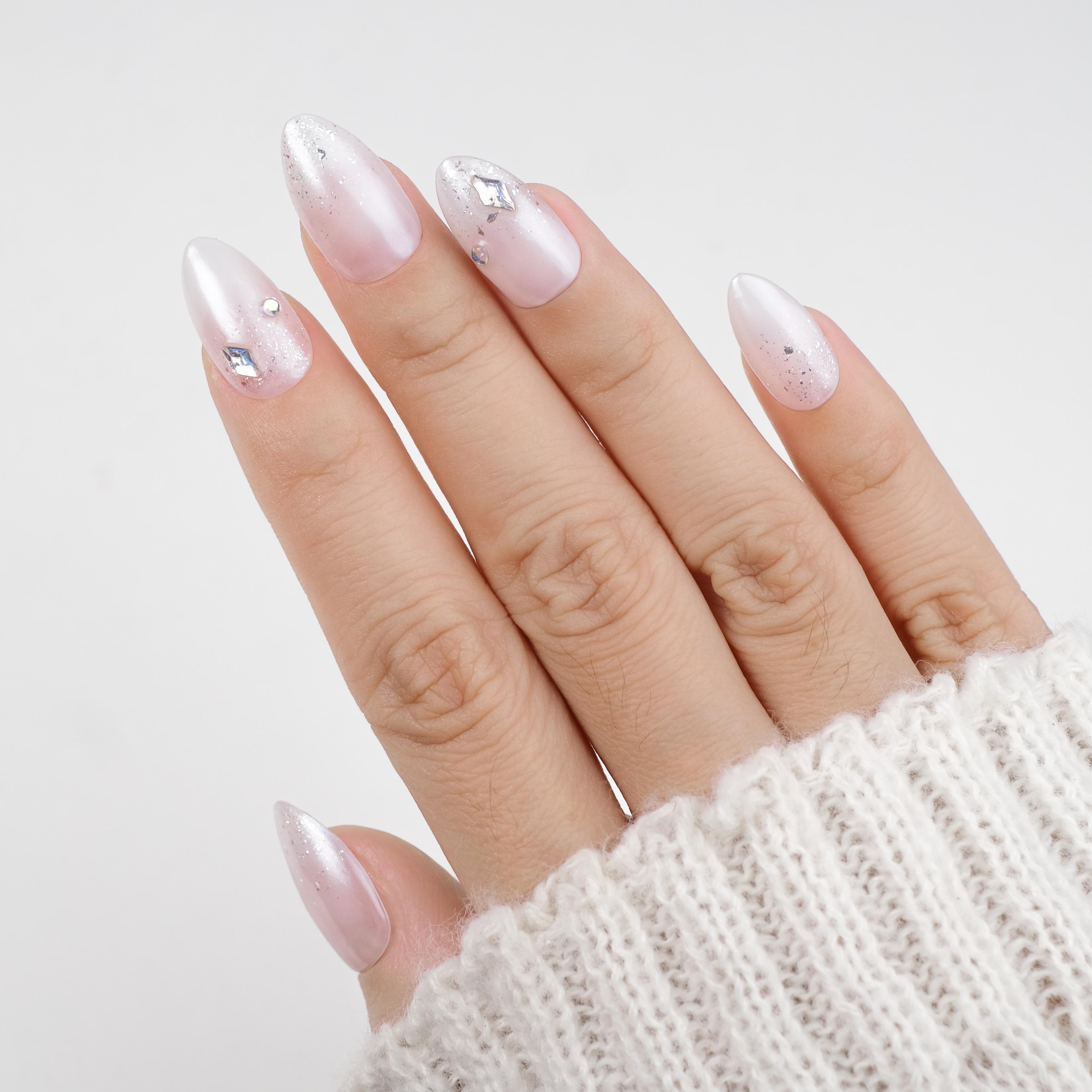 Press On Nails Short Almond, Handmade Soft Gel Milky Pearl Chrome Bridal Fake Nails with Rhinestones & Glitter