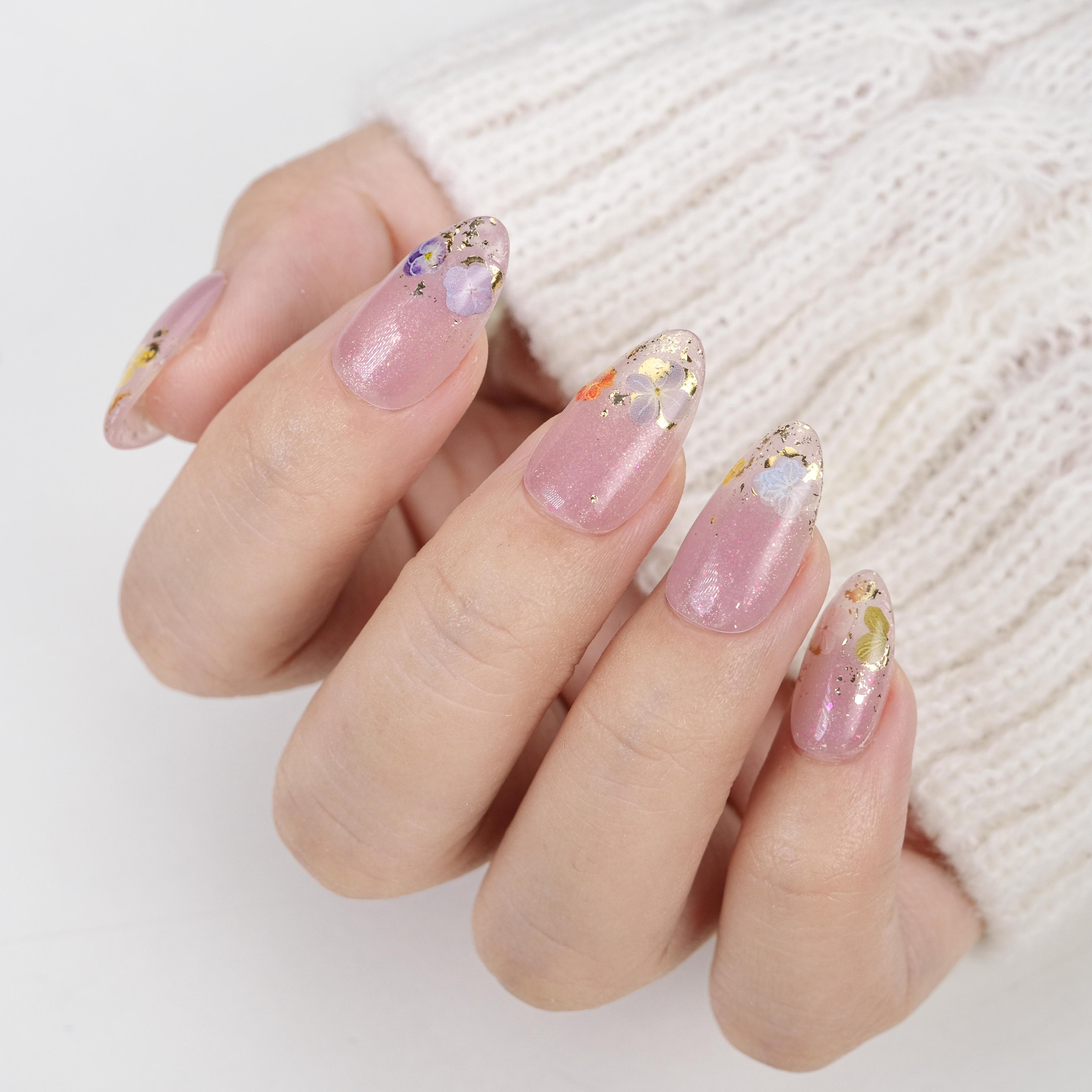 Press On Nails Short Almond – Handmade Lavender Floral Soft Gel with Gold Foil, 26pcs Reusable Nail Tips with Lamp-Curable Glue