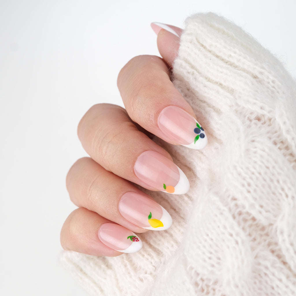 Press On Nails Short Almond – Hand-Painted Handmade French Tip Soft Gel Fruit Design, 26pcs Reusable Nail Tips with Lamp-Curable Glue