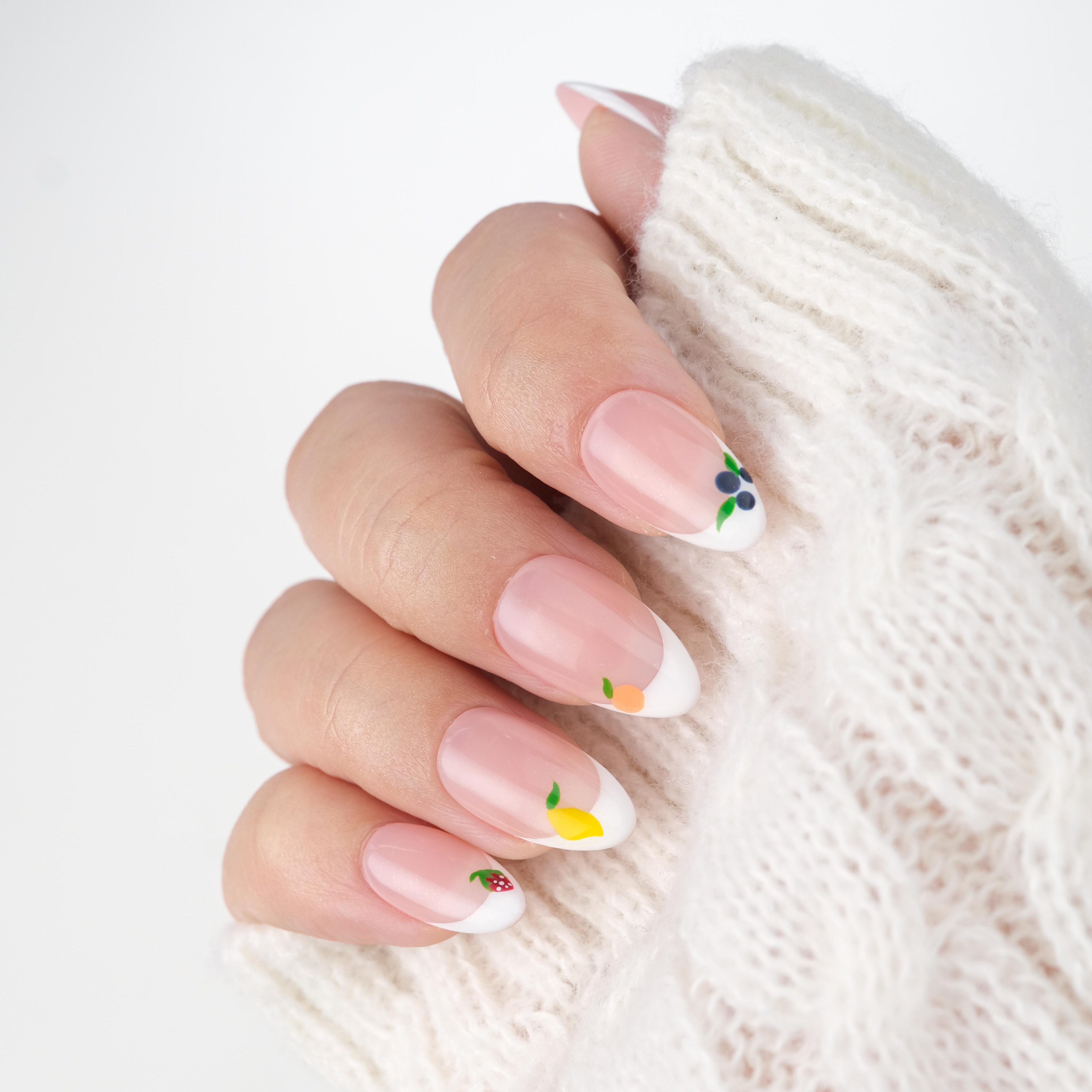 Press On Nails Short Almond – Hand-Painted Handmade French Tip Soft Gel Fruit Design, 26pcs Reusable Nail Tips with Lamp-Curable Glue
