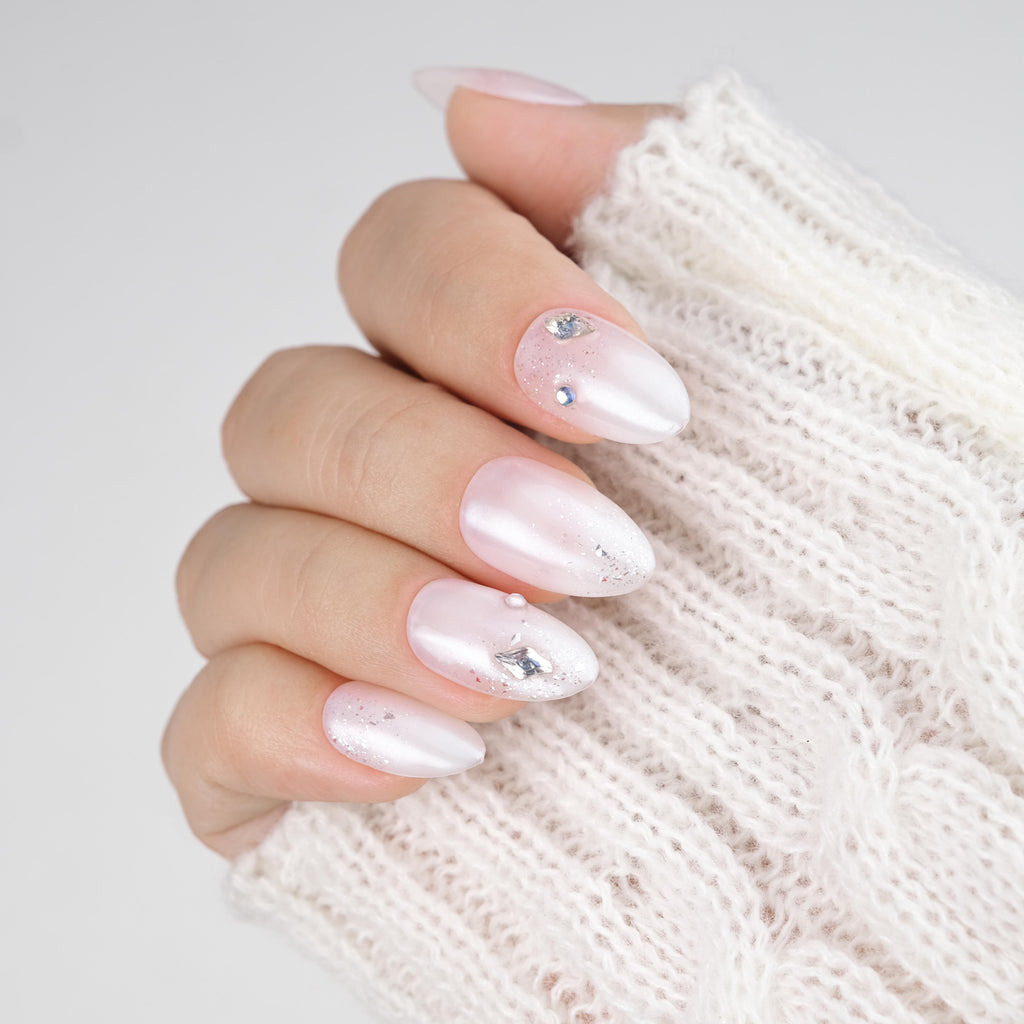 Press On Nails Short Almond, Handmade Soft Gel Milky Pearl Chrome Bridal Fake Nails with Rhinestones & Glitter