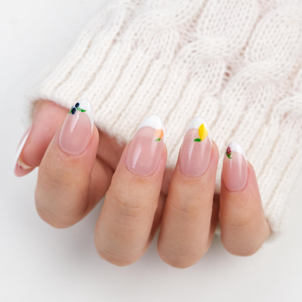 Press On Nails Short Almond – Hand-Painted Handmade French Tip Soft Gel Fruit Design, 26pcs Reusable Nail Tips with Lamp-Curable Glue