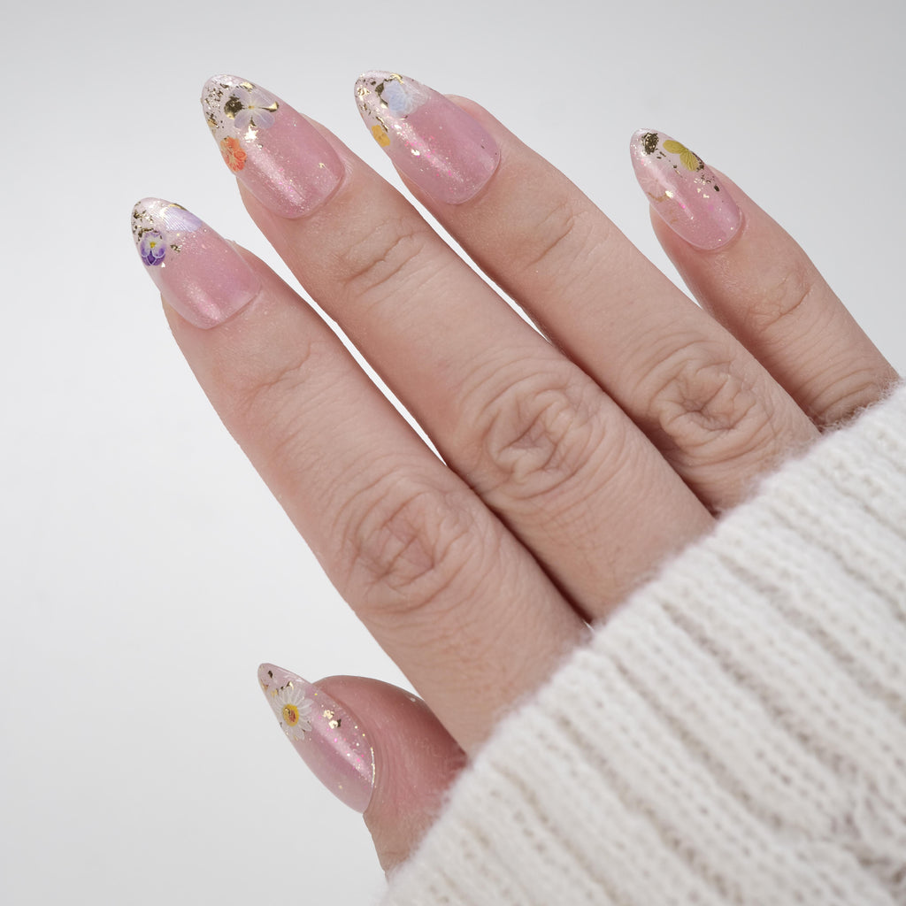 Press On Nails Short Almond – Handmade Lavender Floral Soft Gel with Gold Foil, 26pcs Reusable Nail Tips with Lamp-Curable Glue