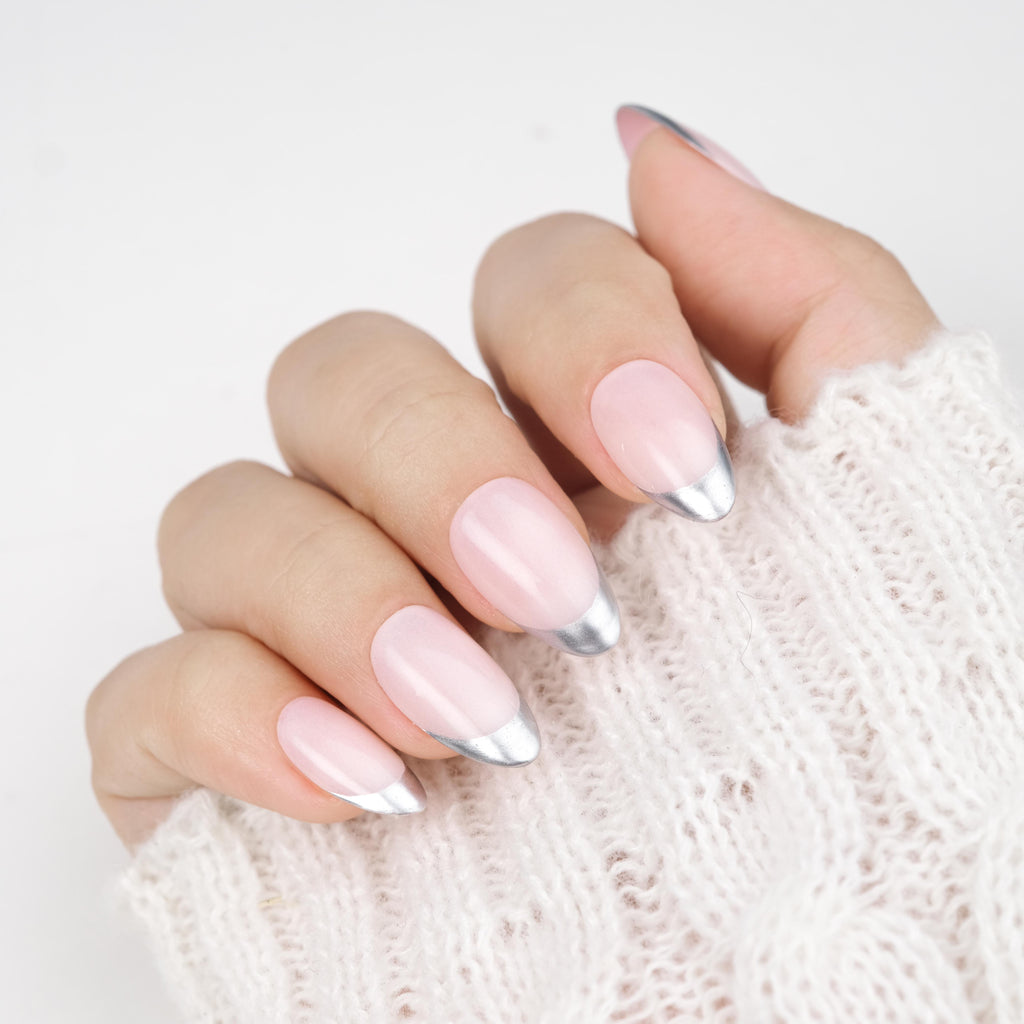 Nailique short almond press-on nails set with nude chrome finish, metallic silver edge, and minimalist soft gel design, 26 reusable pieces