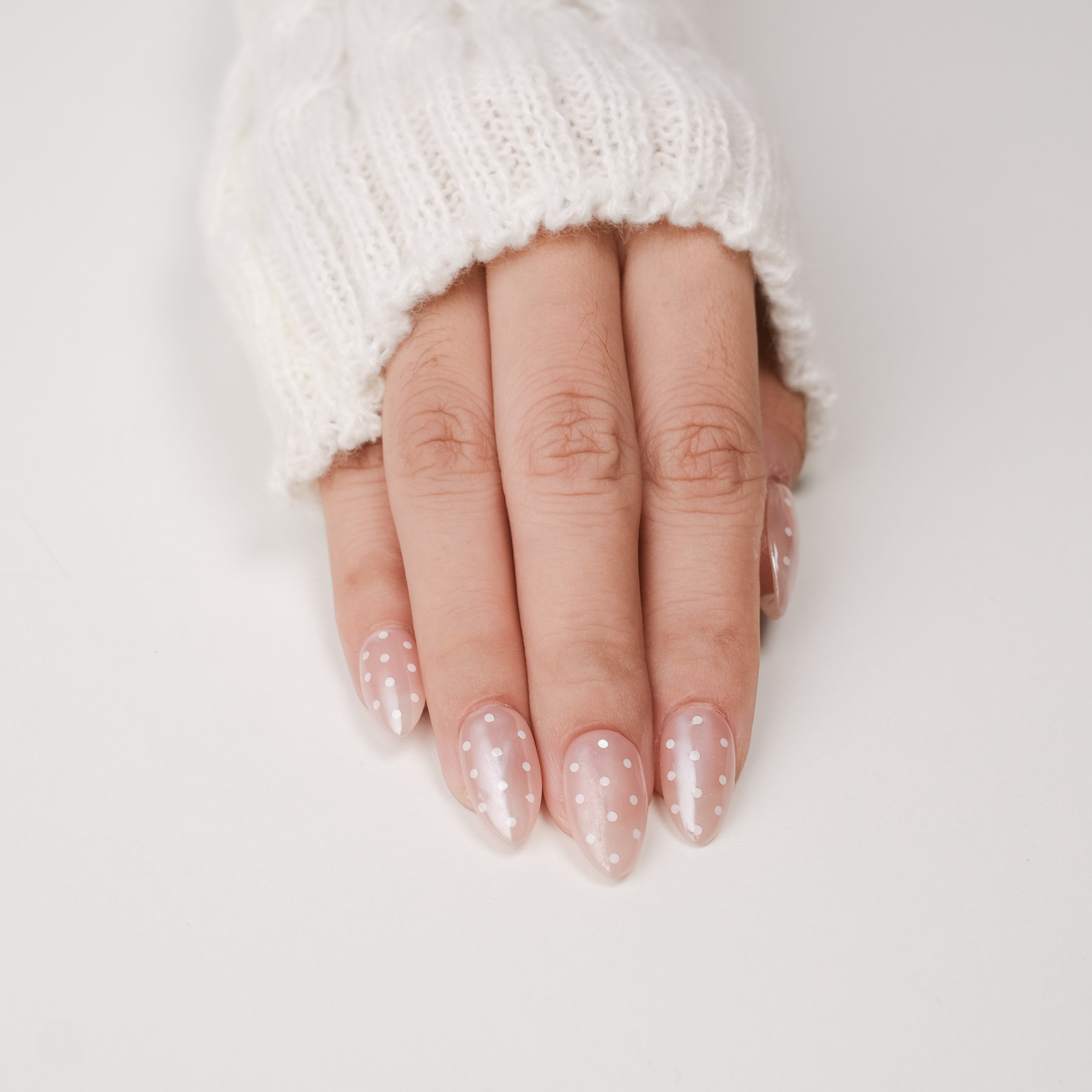 NAILIQUE Press On Nails Short Almond, Handmade Soft Gel Chrome Glazed Donut Nude White Polka Dot Fake Nails, 26pcs Reusable Nail Tips with Glue & Remover, Salon Quality Wedding & Everyday Manicure