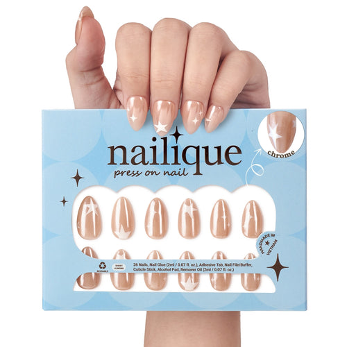 Handmade short almond press-on nails by Nailique featuring chrome glazed donut design with star accents on neutral nude soft gel.
