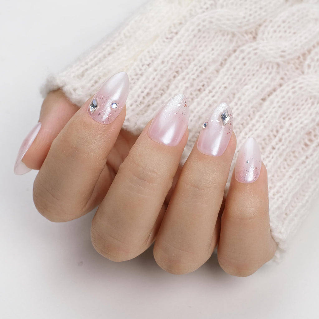 Press On Nails Short Almond, Handmade Soft Gel Milky Pearl Chrome Bridal Fake Nails with Rhinestones & Glitter