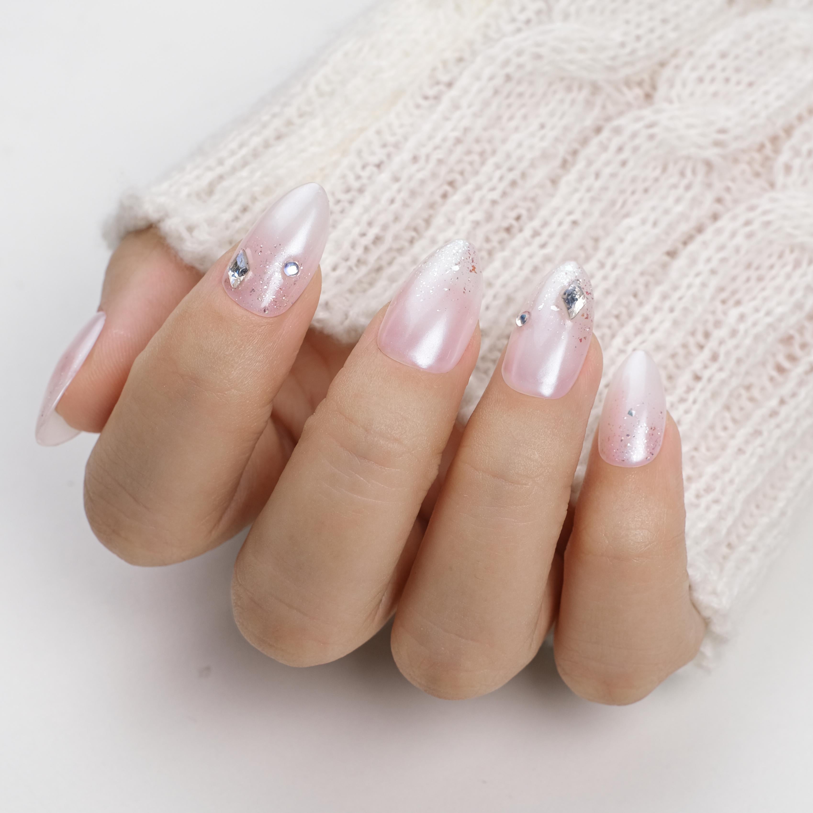 Press On Nails Short Almond, Handmade Soft Gel Milky Pearl Chrome Bridal Fake Nails with Rhinestones & Glitter