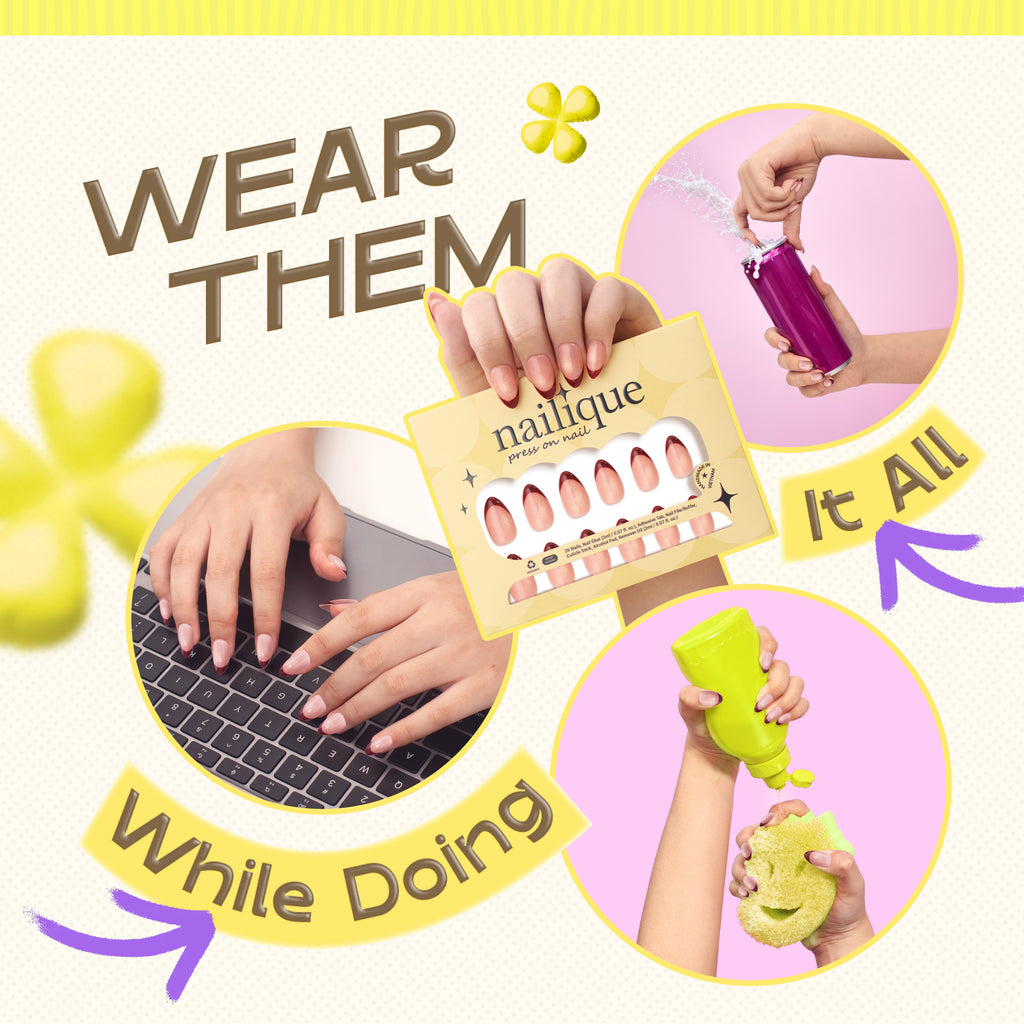 Handmade short almond press-on nails by Nailique with red French tips, yellow shimmer, and cat eye soft gel design.