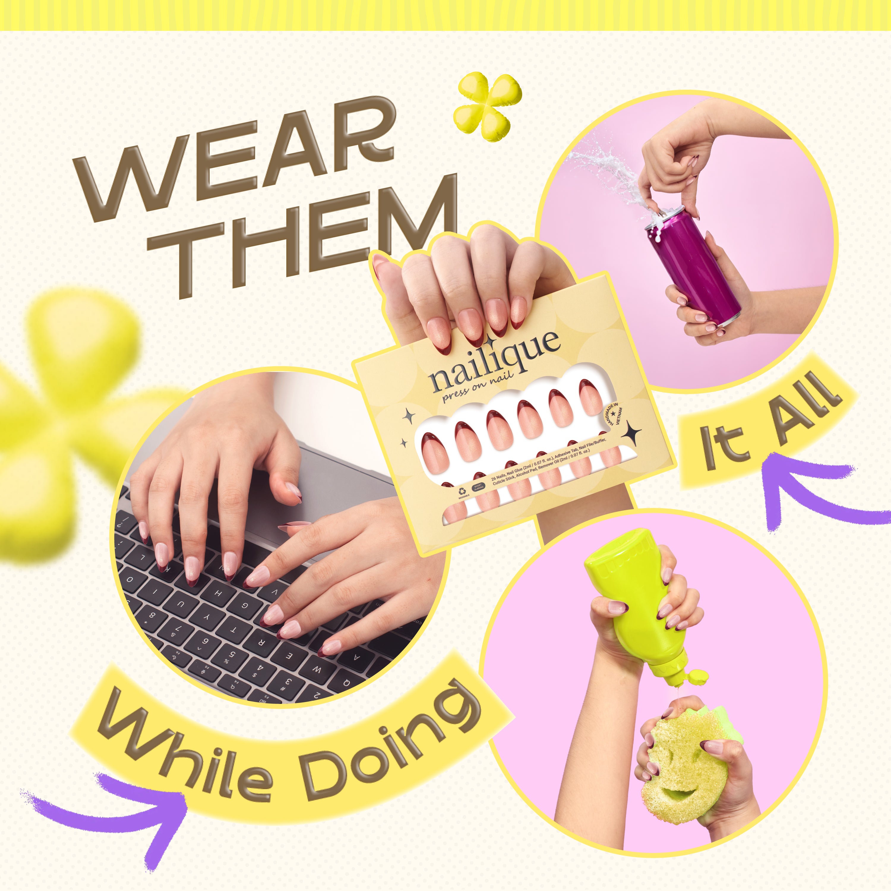 Handmade short almond press-on nails by Nailique with red French tips, yellow shimmer, and cat eye soft gel design.