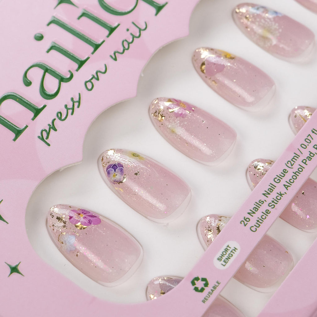 Press On Nails Short Almond – Handmade Lavender Floral Soft Gel with Gold Foil, 26pcs Reusable Nail Tips with Lamp-Curable Glue