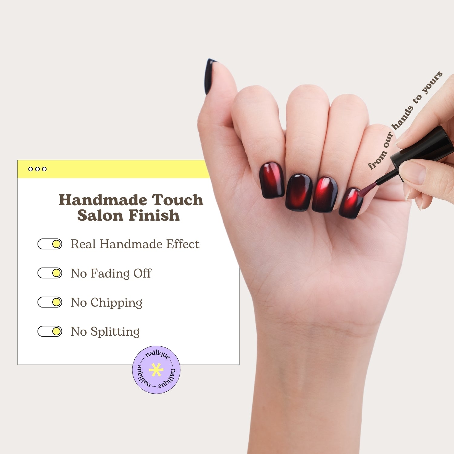 Handmade burgundy red cat eye short square press-on nails with gel finish, 26 reusable tips and lamp-curable glue for salon-quality manicure.