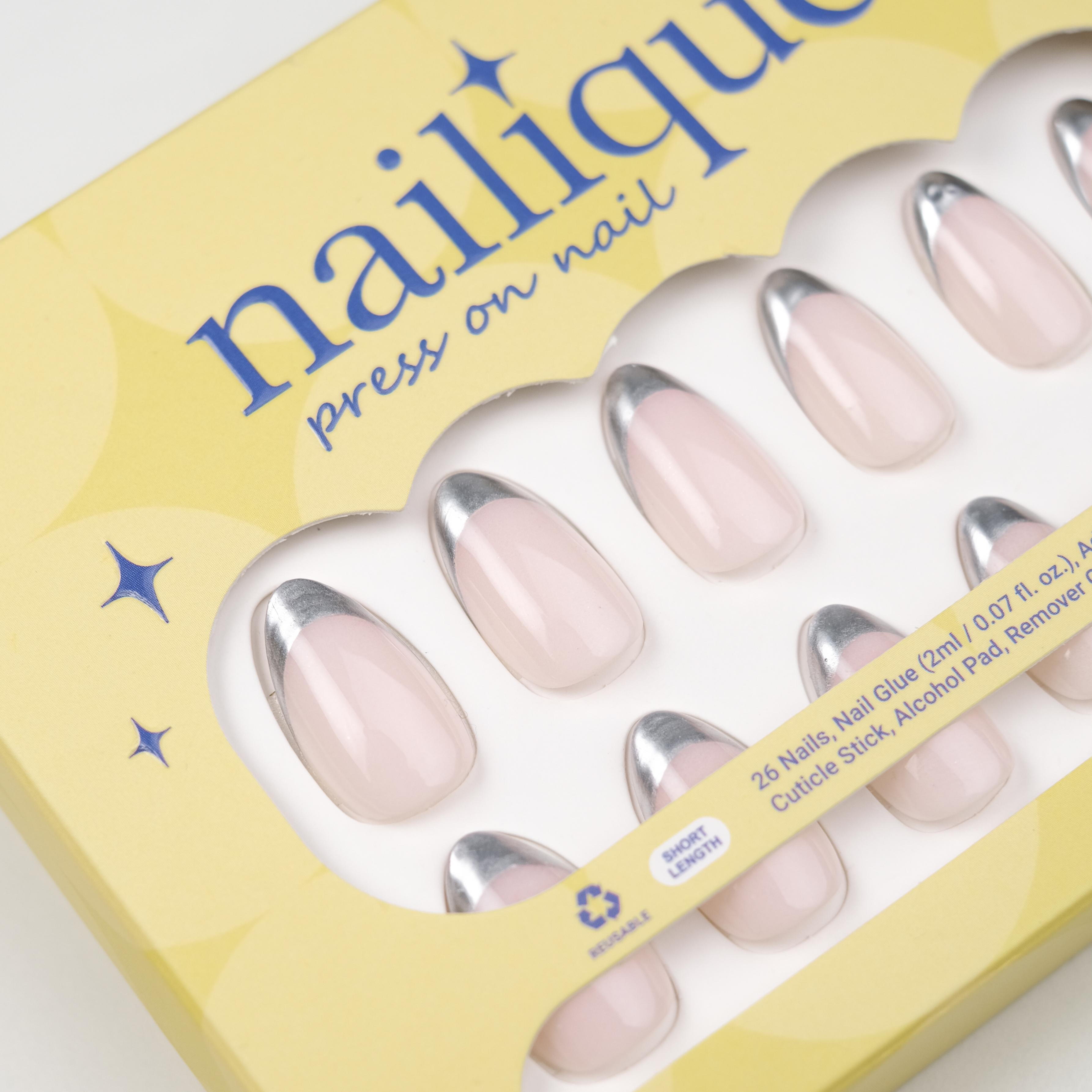 Nailique short almond press-on nails with nude chrome finish, silver metallic edge, handmade soft gel, minimalist reusable manicure set.