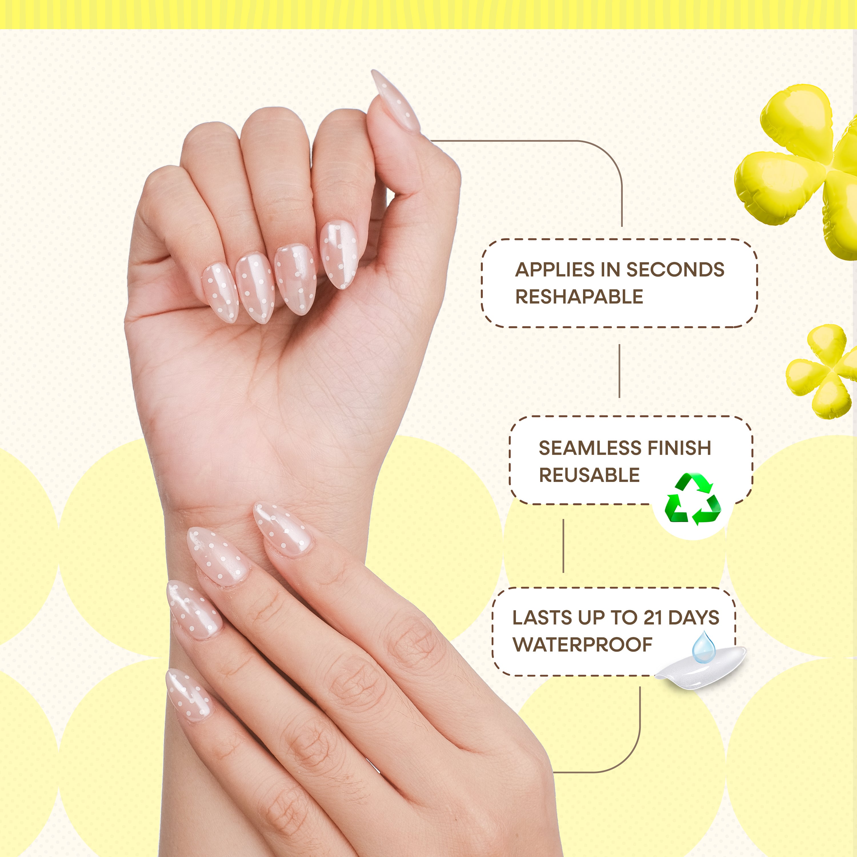 NAILIQUE Press On Nails Short Almond, Handmade Soft Gel Chrome Glazed Donut Nude White Polka Dot Fake Nails, 26pcs Reusable Nail Tips with Glue & Remover, Salon Quality Wedding & Everyday Manicure