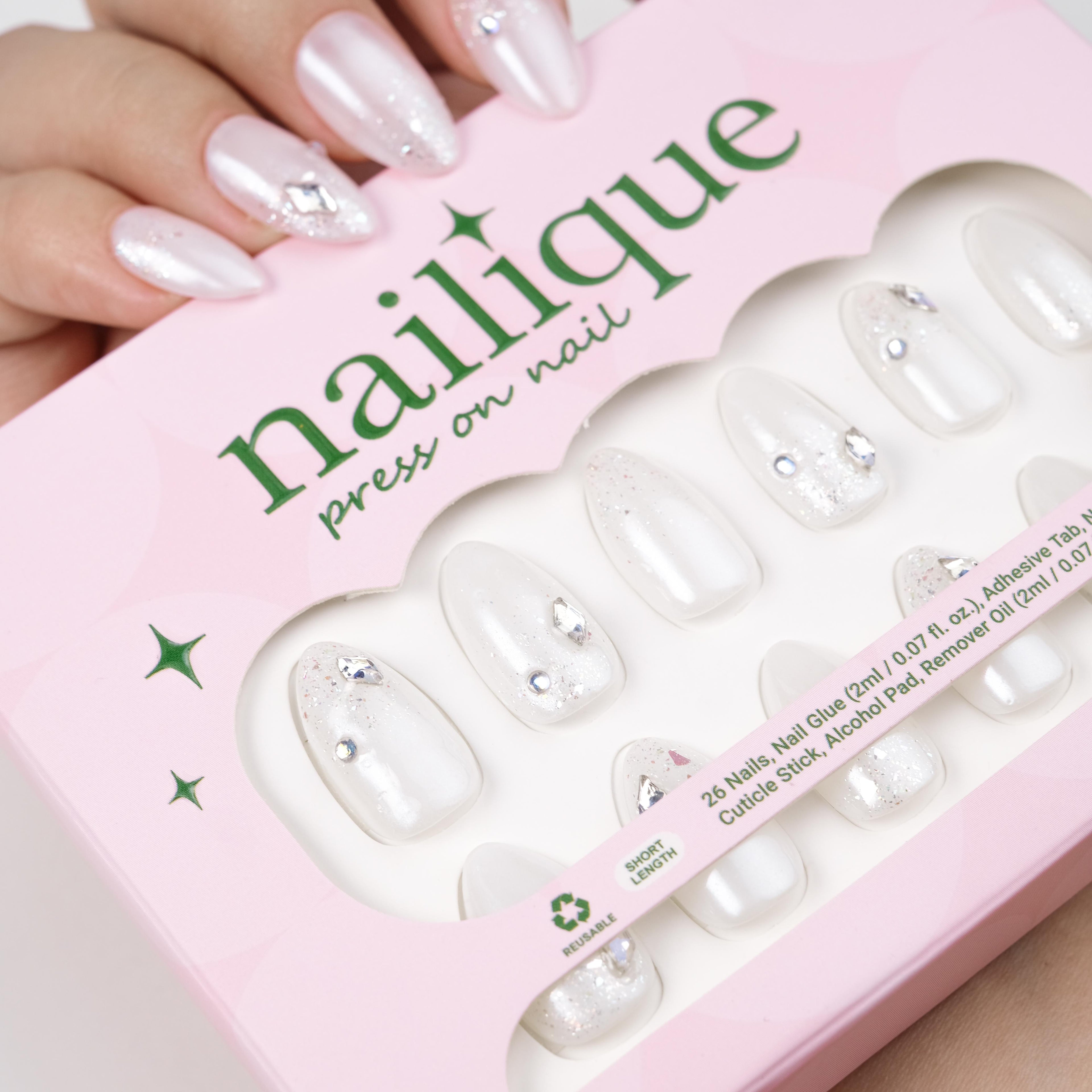 Press On Nails Short Almond, Handmade Soft Gel Milky Pearl Chrome Bridal Fake Nails with Rhinestones & Glitter