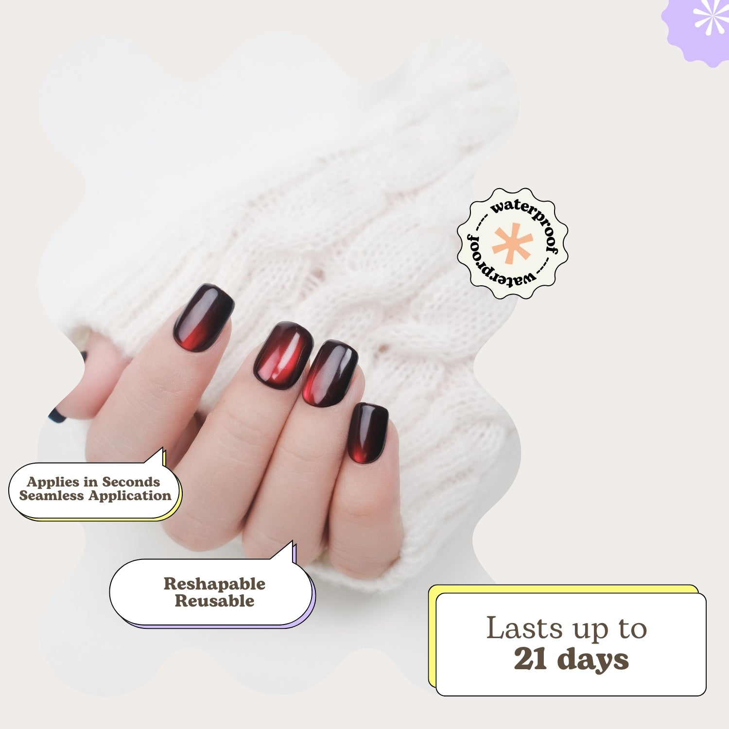 Handmade burgundy red cat eye press-on nails by Nailique, short square soft gel tips with lamp-curable glue for romantic salon-quality manicure.